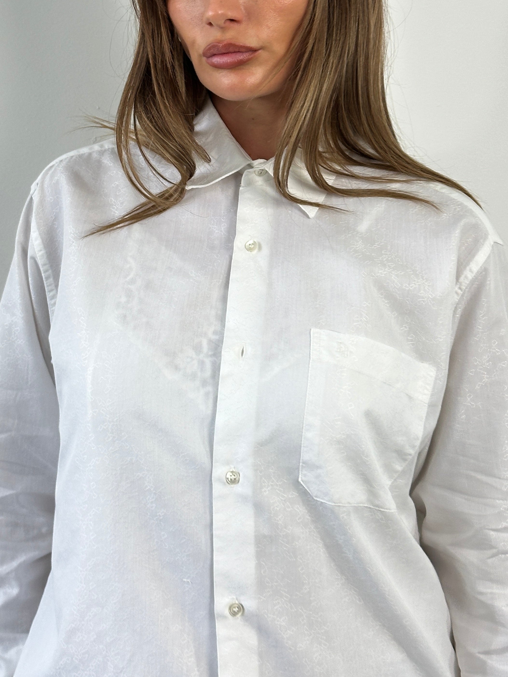 Christian Dior Monsieur Paris cotton textured logo shirt in size M/L, featuring the iconic Dior branding and a classic button-up design.