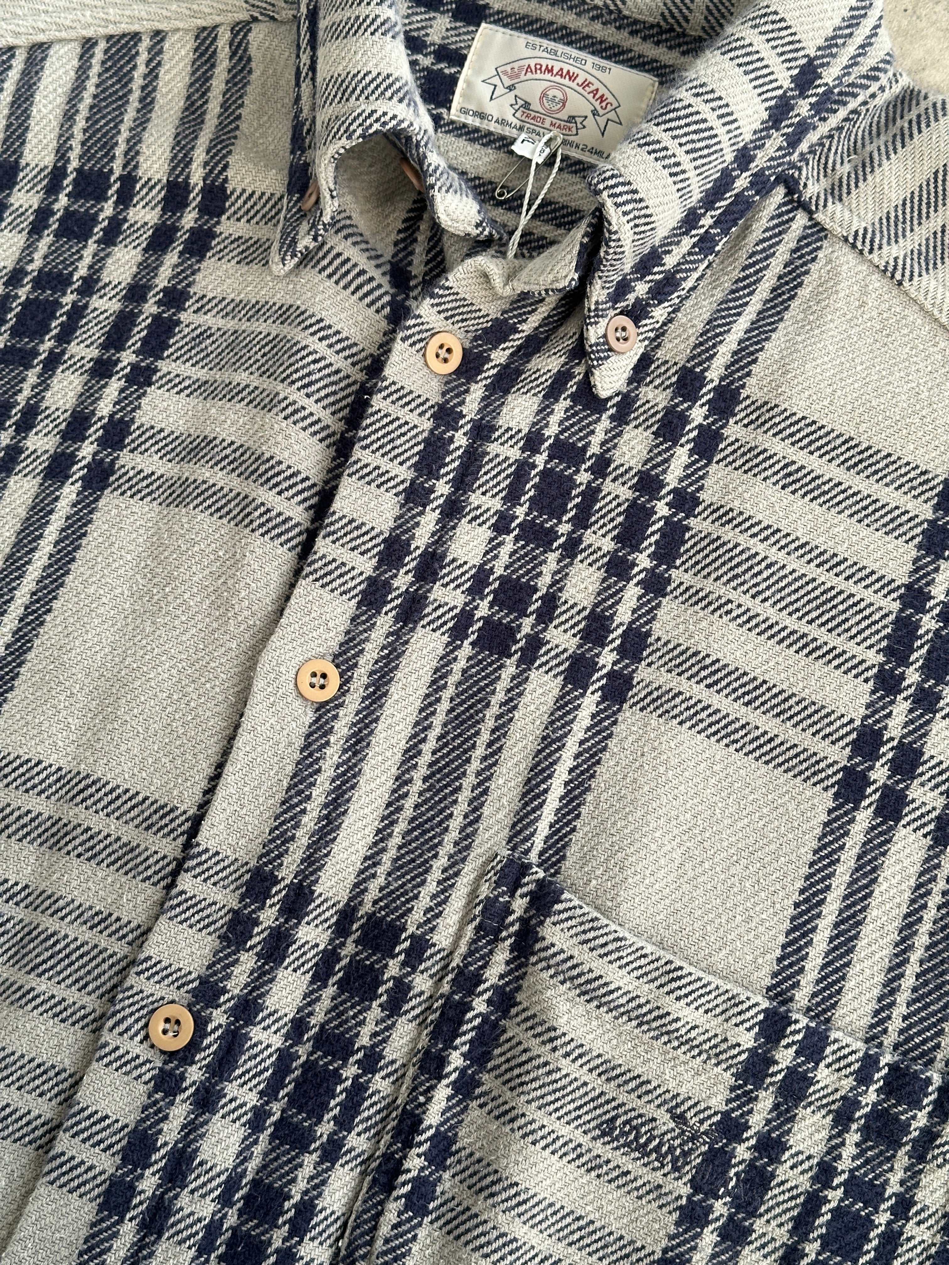 Armani Jeans check flannel logo shirt in size XL, featuring a classic plaid pattern and embroidered logo detail.