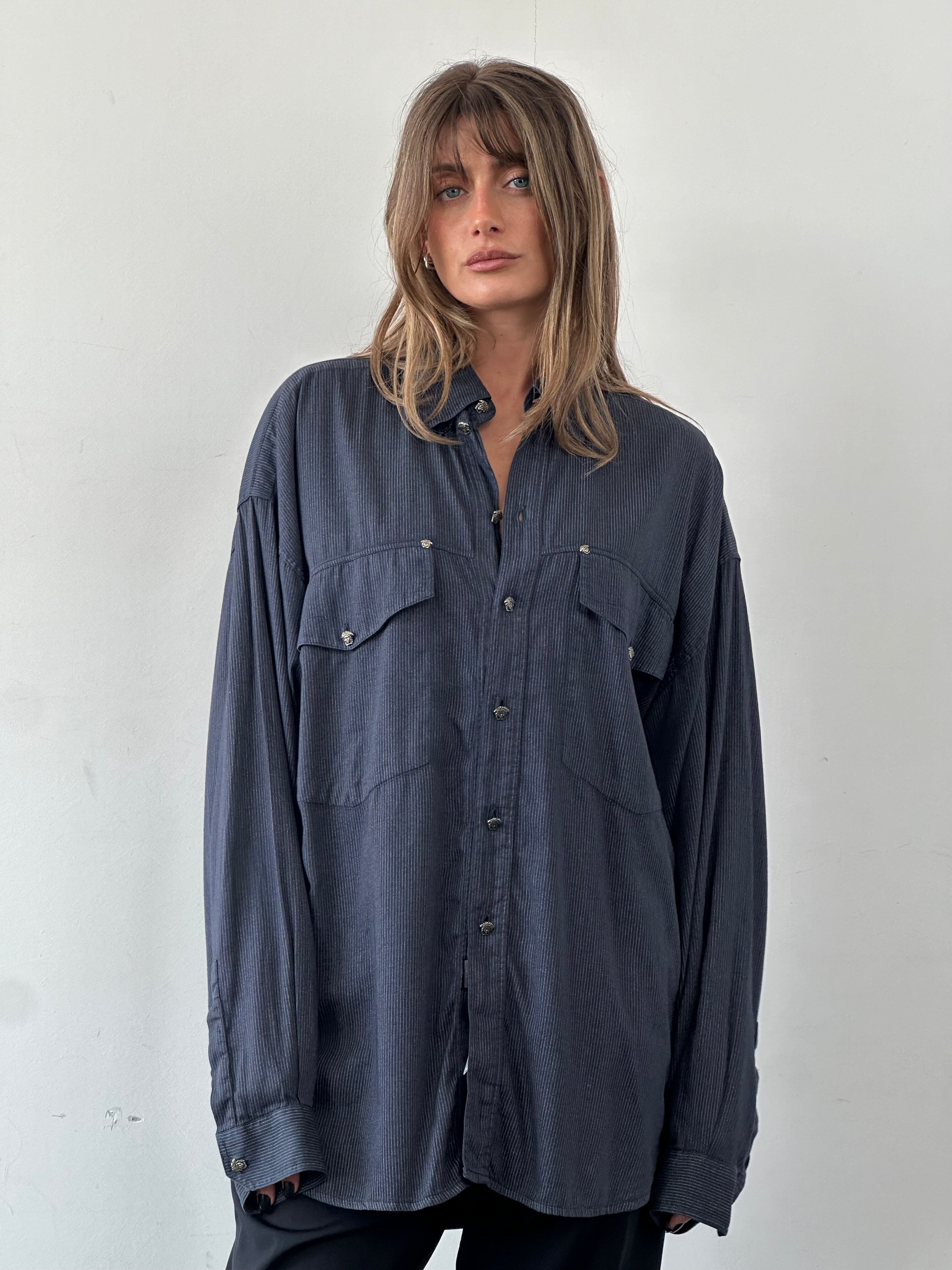 Versace cotton Medusa head pinstripe shirt in XXL, featuring classic pinstripe pattern and iconic Medusa logo on the chest.