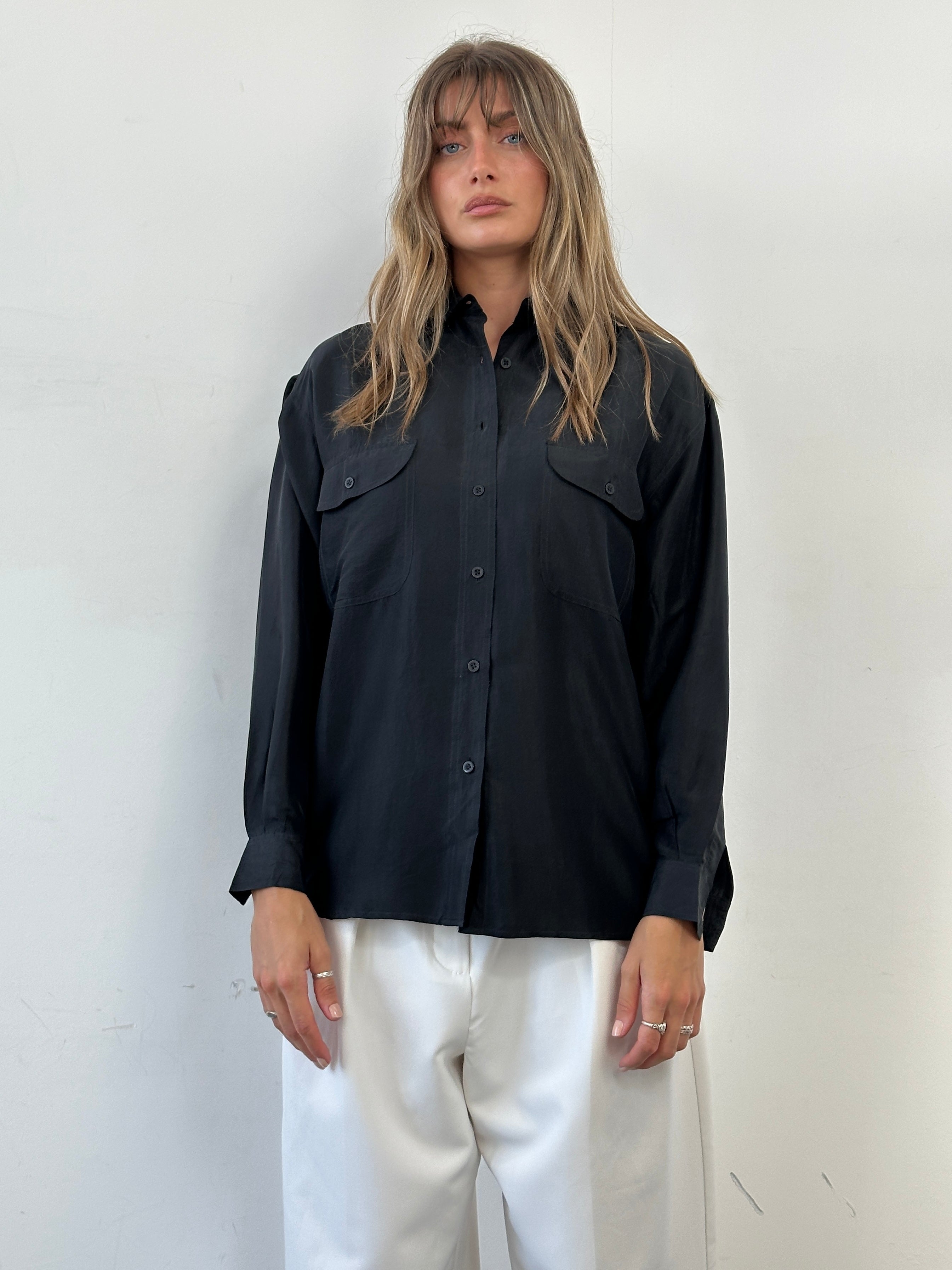 Vintage Italian vintage pure silk shirt in size M, featuring elegant craftsmanship and smooth silk fabric.