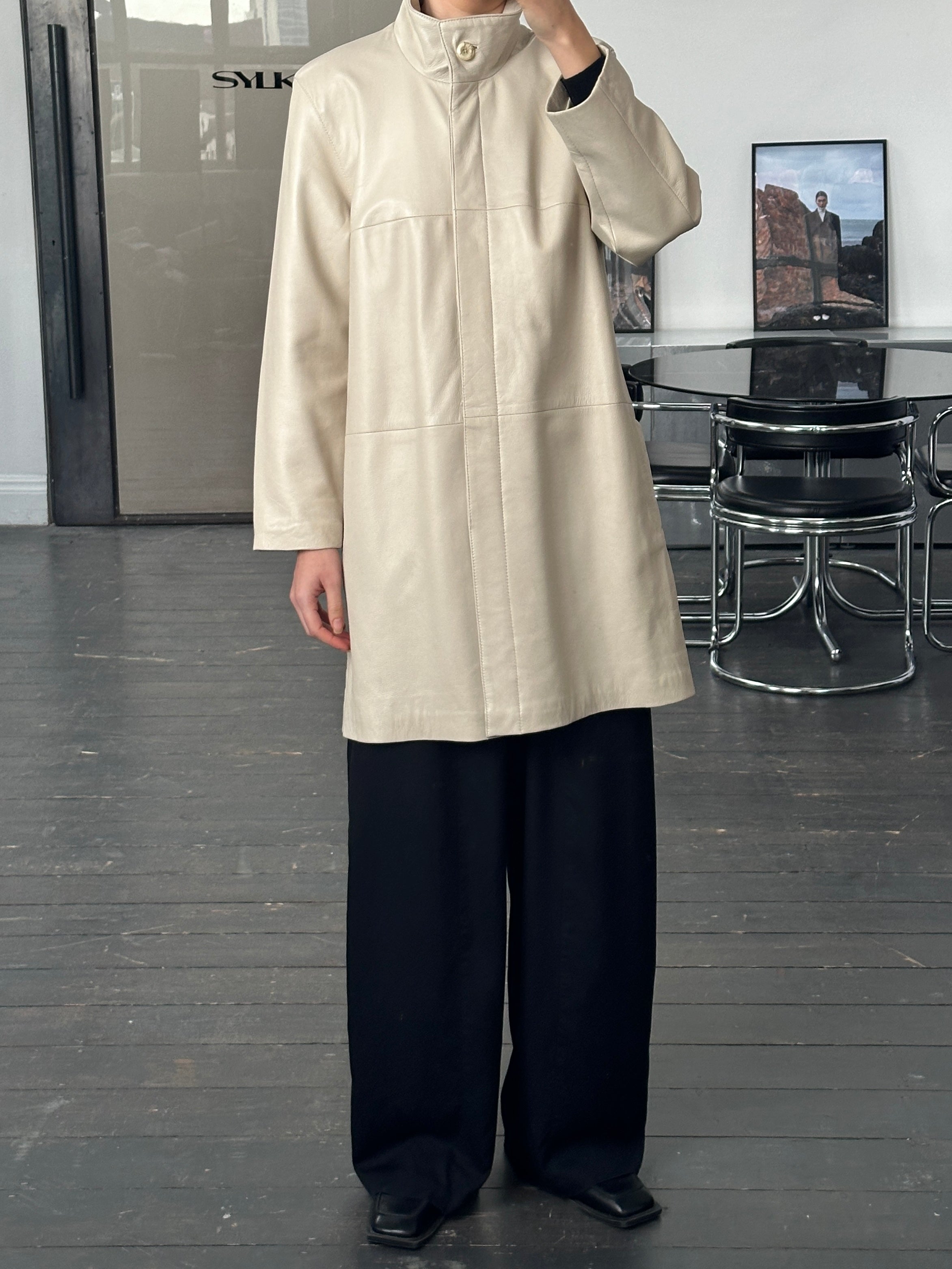 Vintage 1990s High Neck Leather Trench Coat - L - SYLK