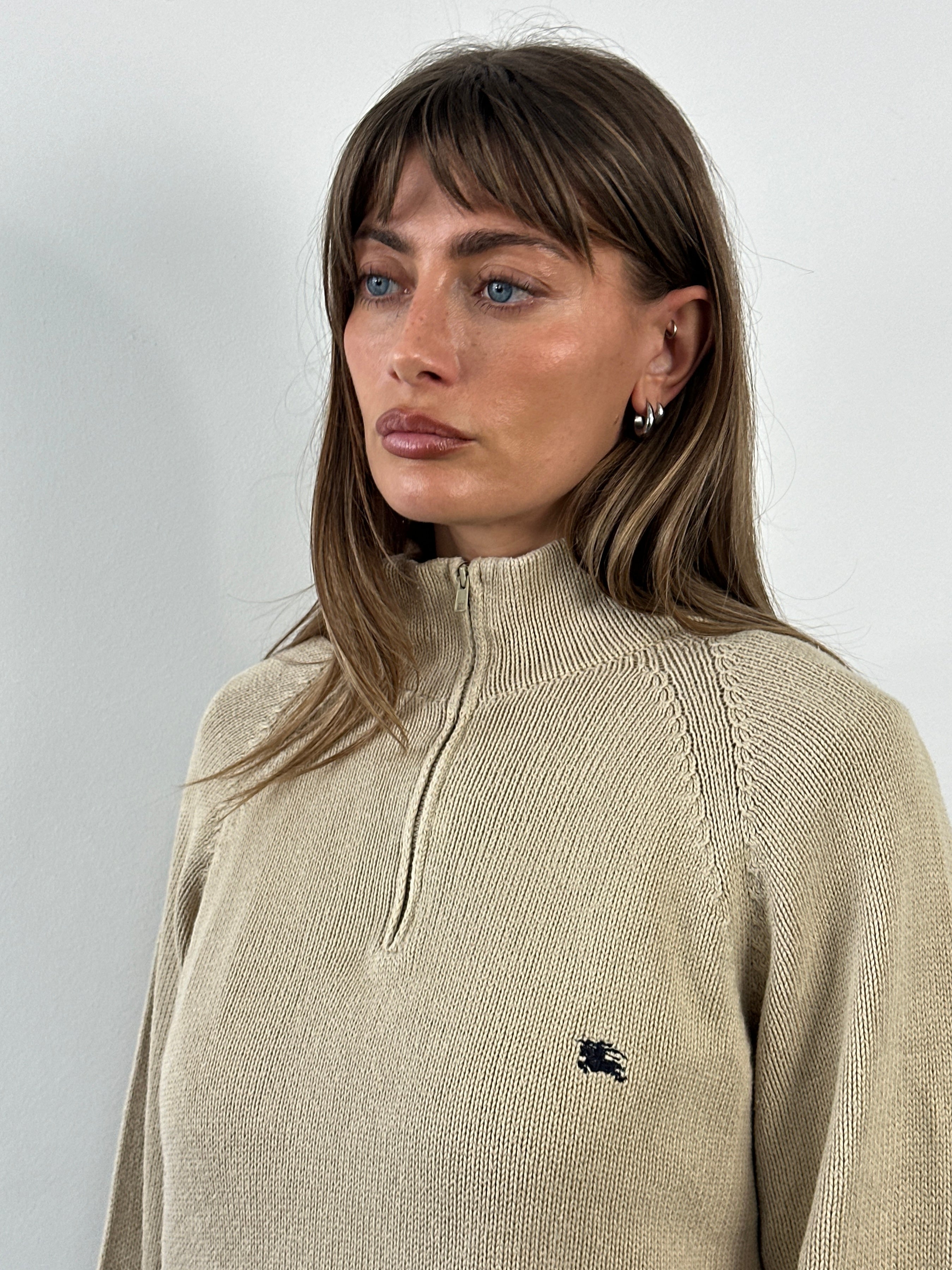 Burberry London 2000s pure cotton quarter zip jumper in XL, showing the beige fabric and classic collar detail.