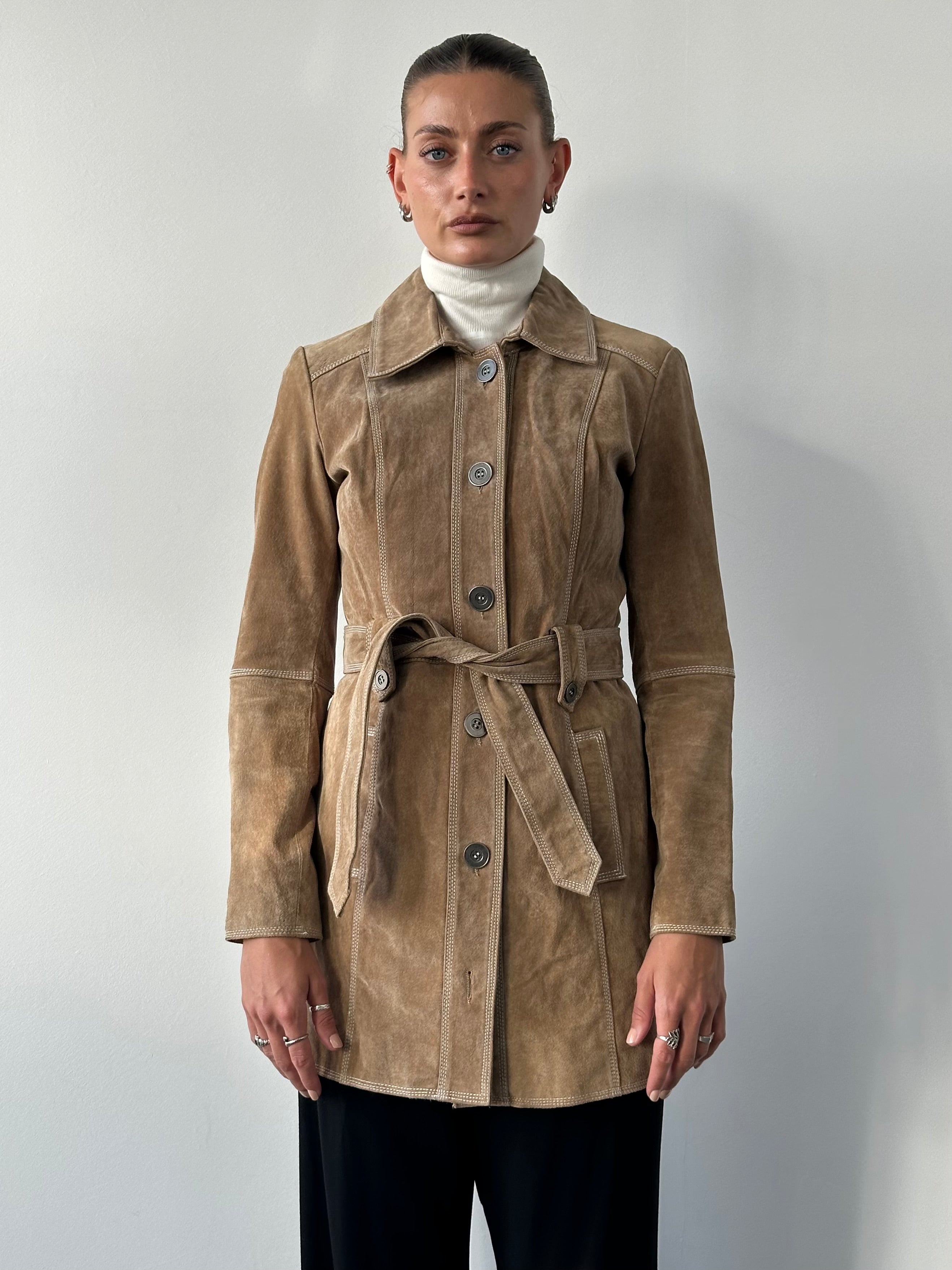 Vintage brand vintage suede belted jacket, size M, shown on a hanger with front view and classic style details.
