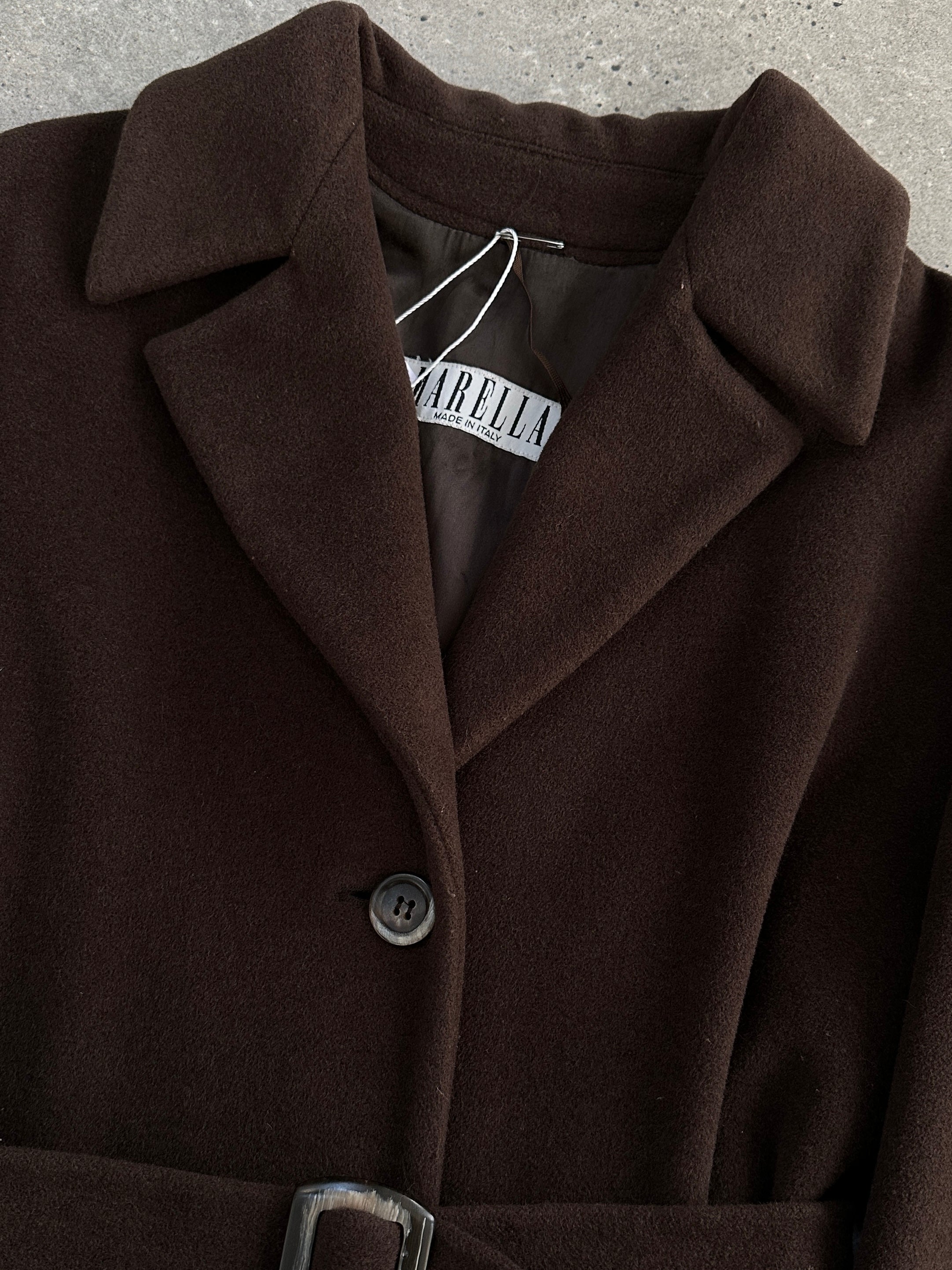 Marella virgin wool single-breasted belted coat in neutral color, tailored with lapel collar and front pockets.