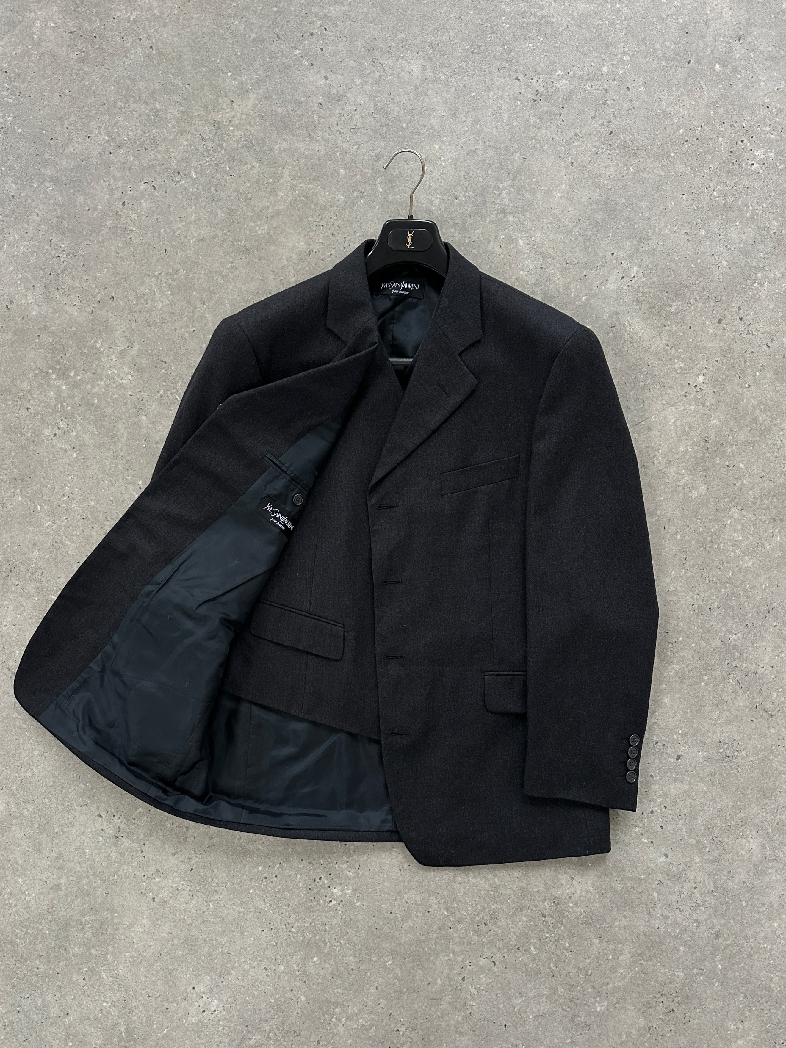 Yves Saint Laurent Pour Homme pure wool blazer two-piece set in size 40S/L, tailored fit with classic lapel and sleek design.