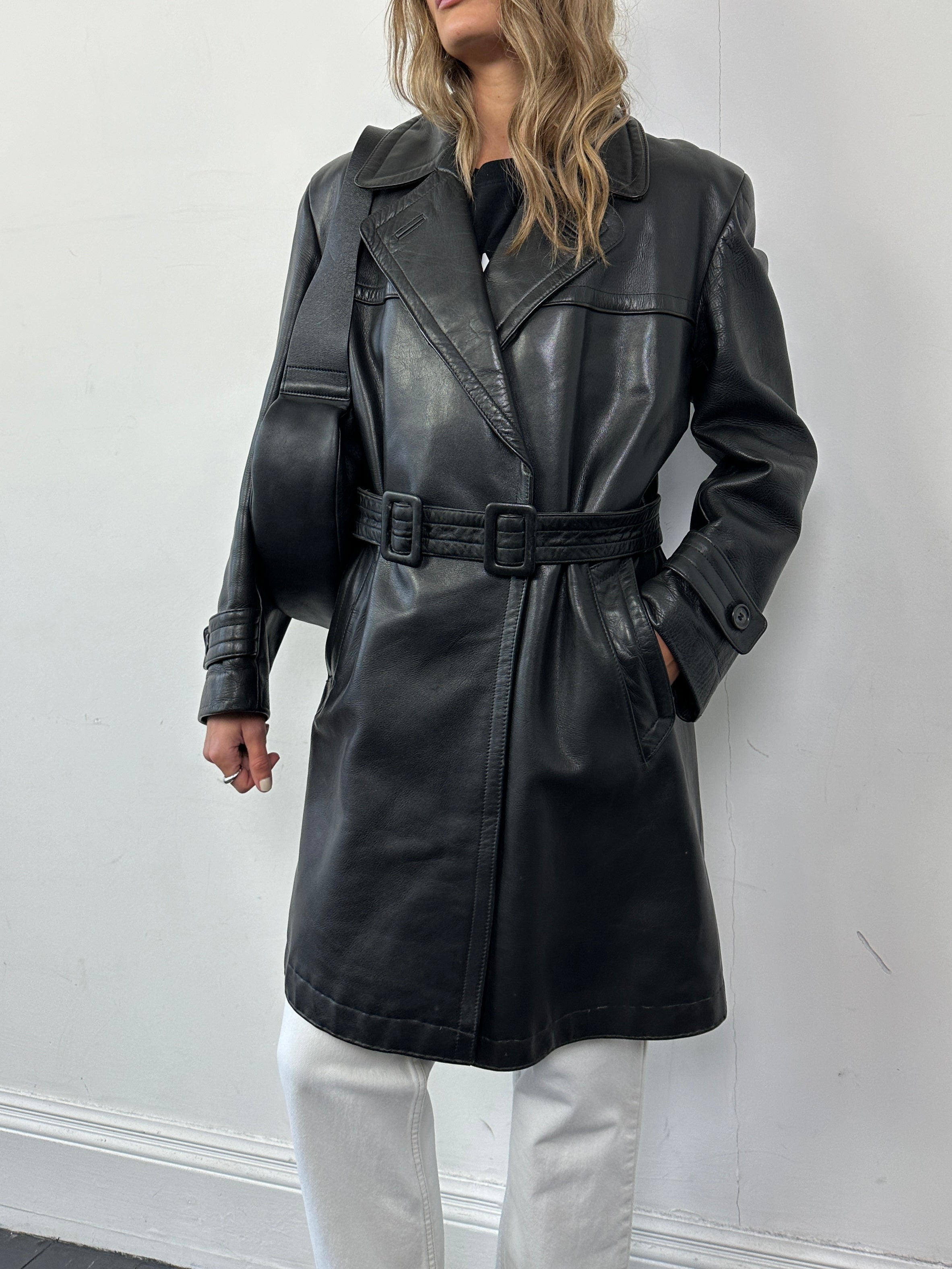 Vintage leather belted trench coat, men's size L, stylish jacket with classic design and button details.