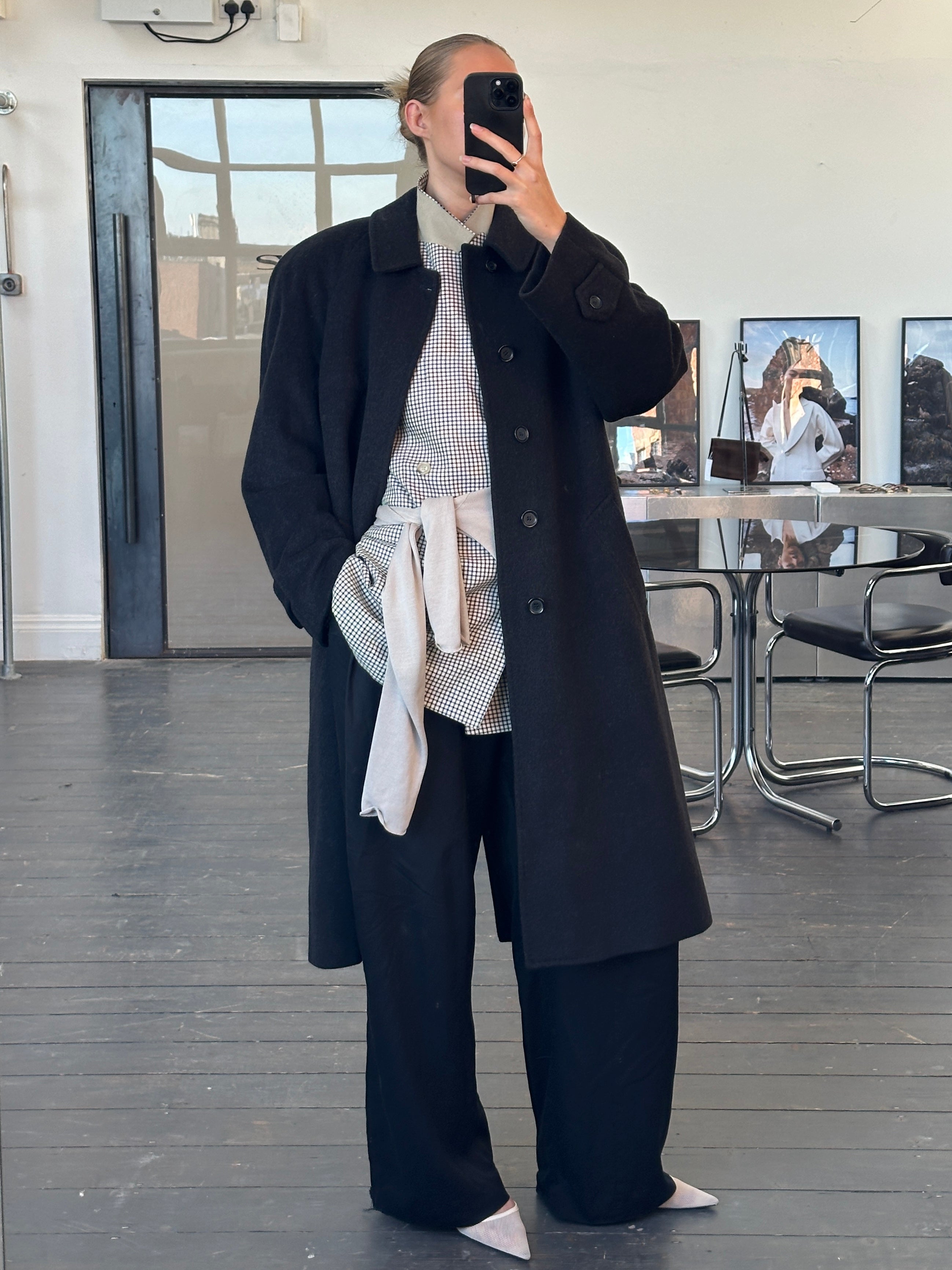 Vintage Italian 1980s wool belted coat in XL size, showcasing classic style and textured fabric.