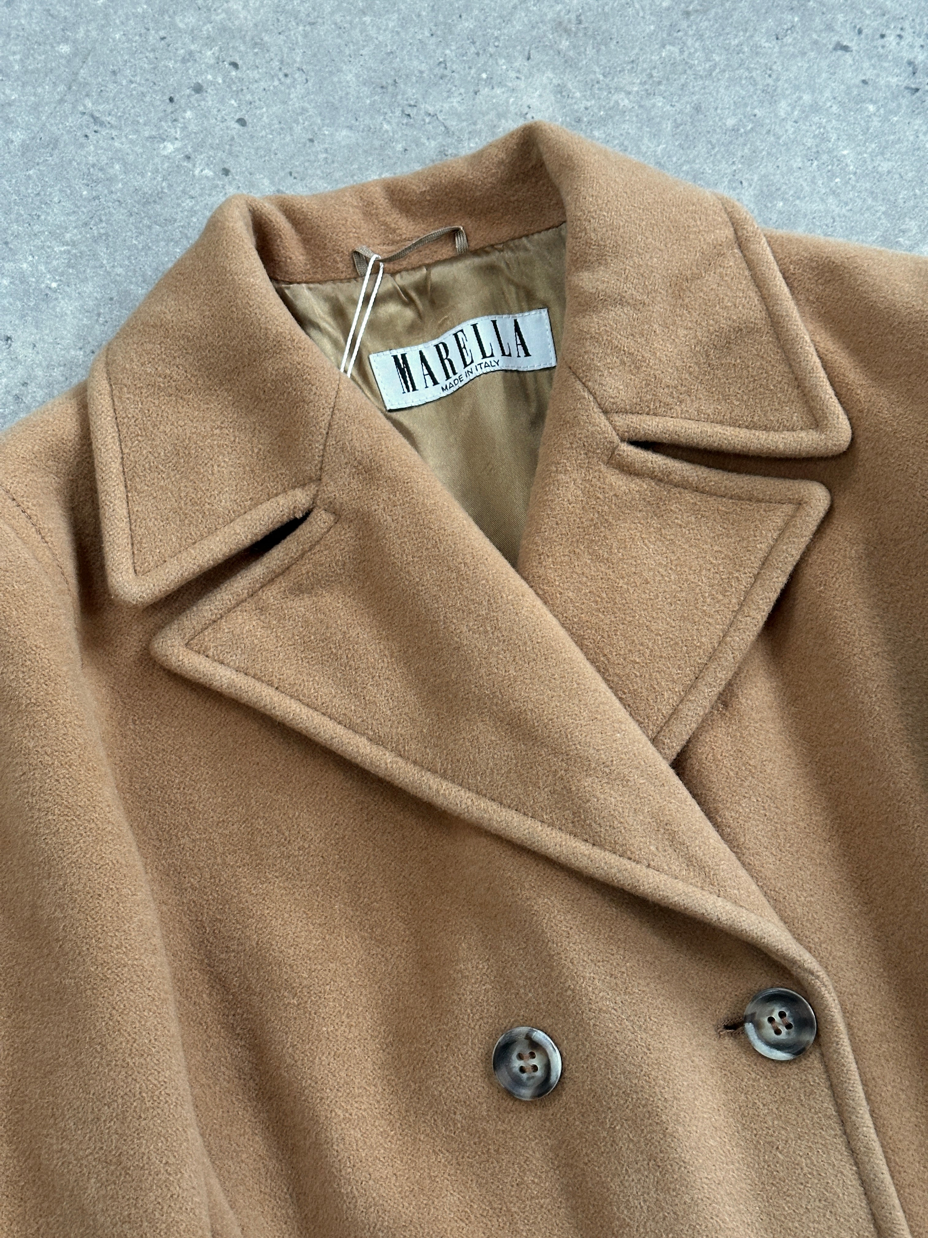Marella 1990s virgin wool double-breasted coat in size M, stylish beige coat with classic lapel collar and button details.