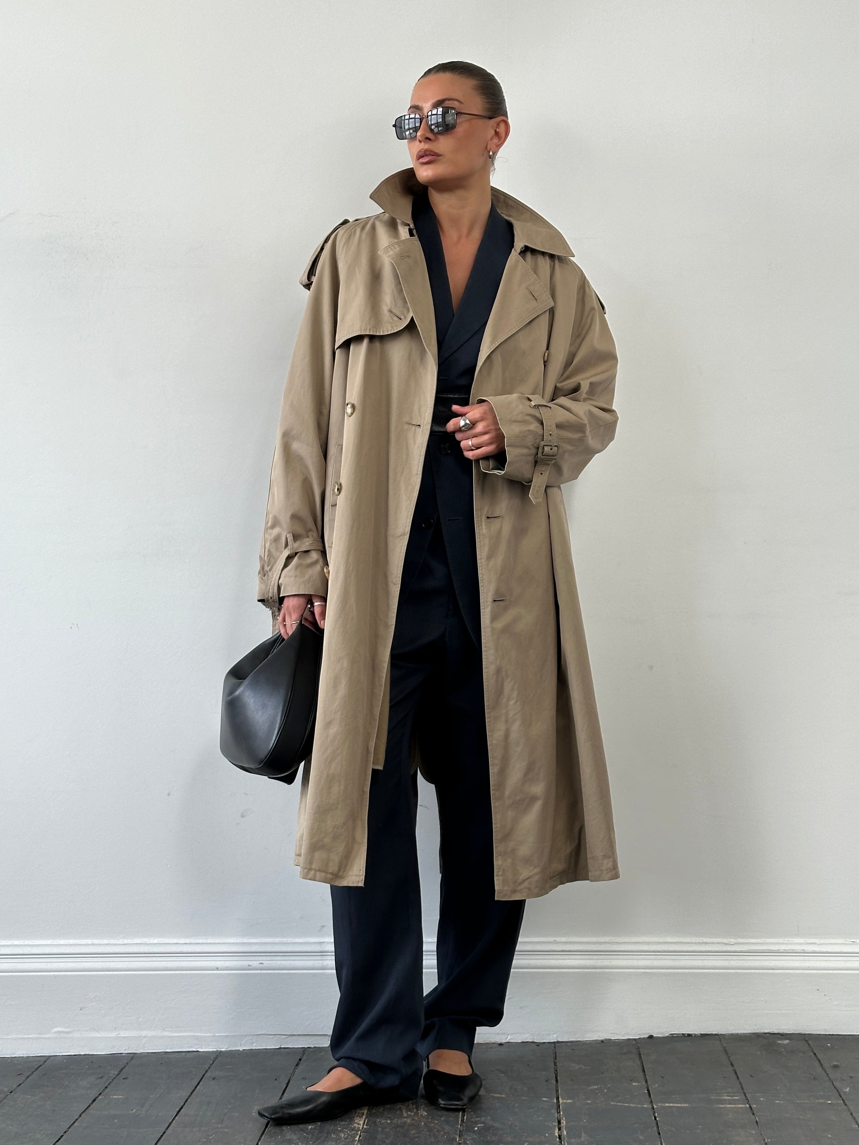 Yves Saint Laurent 80s pure cotton double-breasted belted trench coat in XL, stylish classic design with collar and button details.