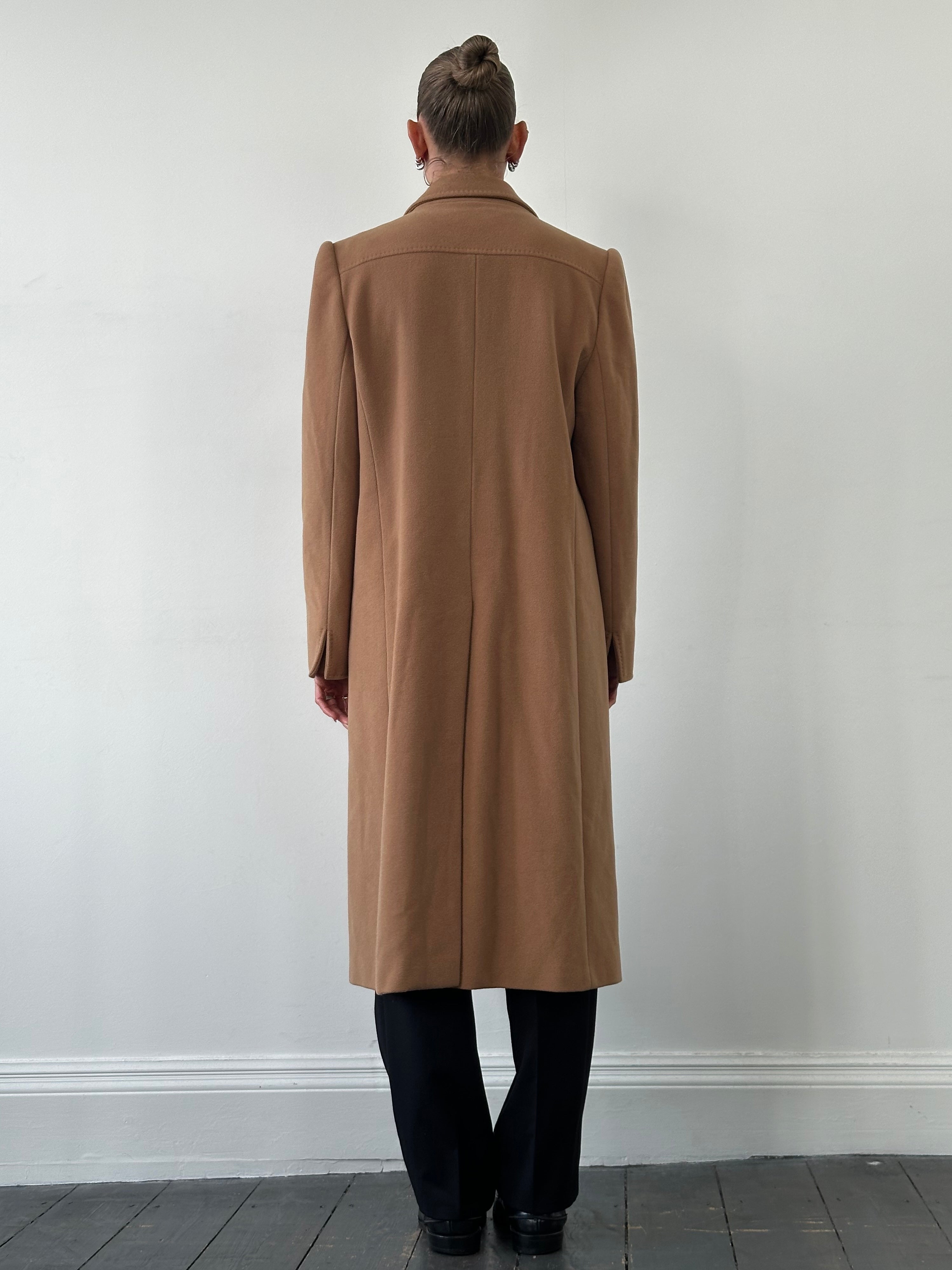 Valentino 1990s pure wool double-breasted belted coat, size L, featuring classic tailored design and elegant button details.