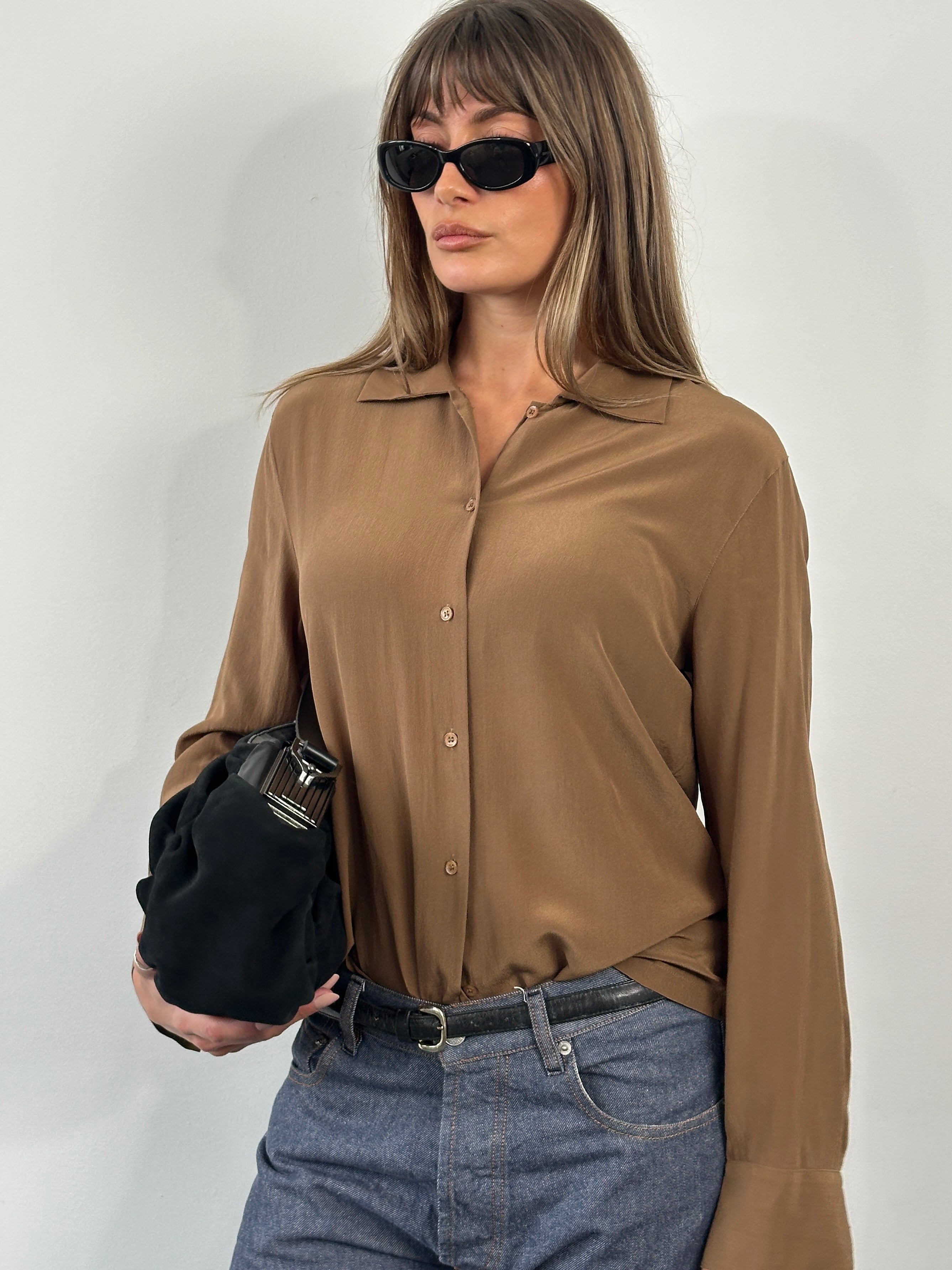 Vintage 2000s pure silk shirt in size S/M, featuring a classic design with a smooth, shiny silk fabric and relaxed fit.
