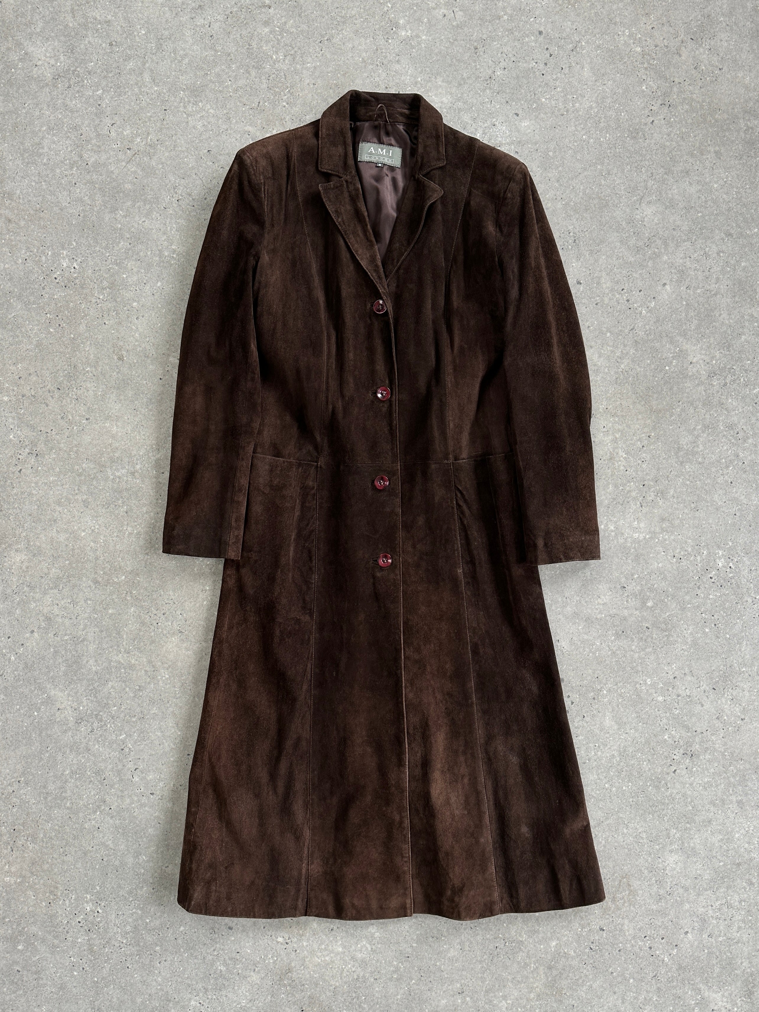 Vintage suede trench coat jacket in size S, classic vintage style with a soft textured suede finish, shown on a hanger.