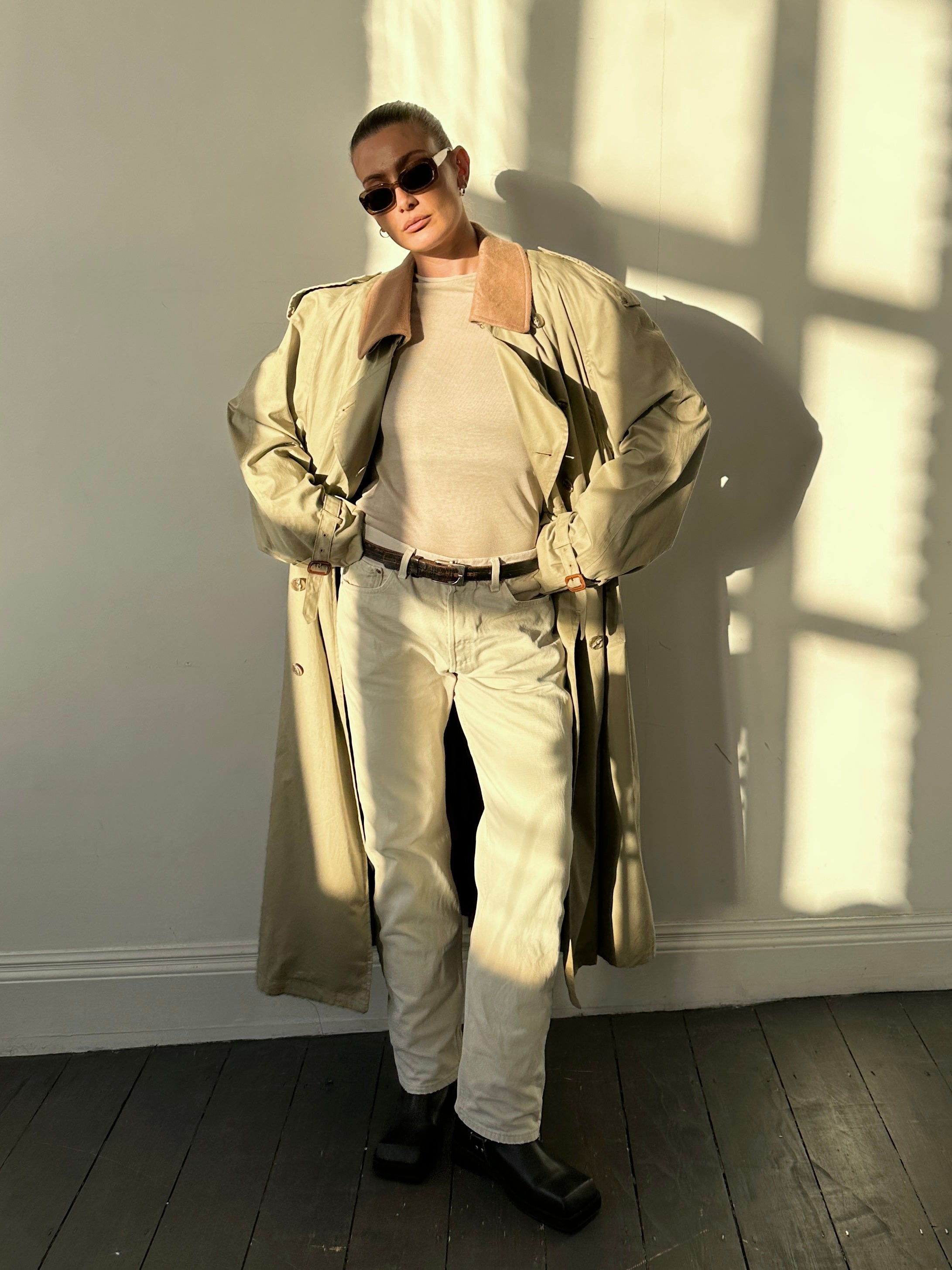Christian Dior double-breasted pure cotton floor-length trench coat in XXL, featuring classic design and tailored fit.
