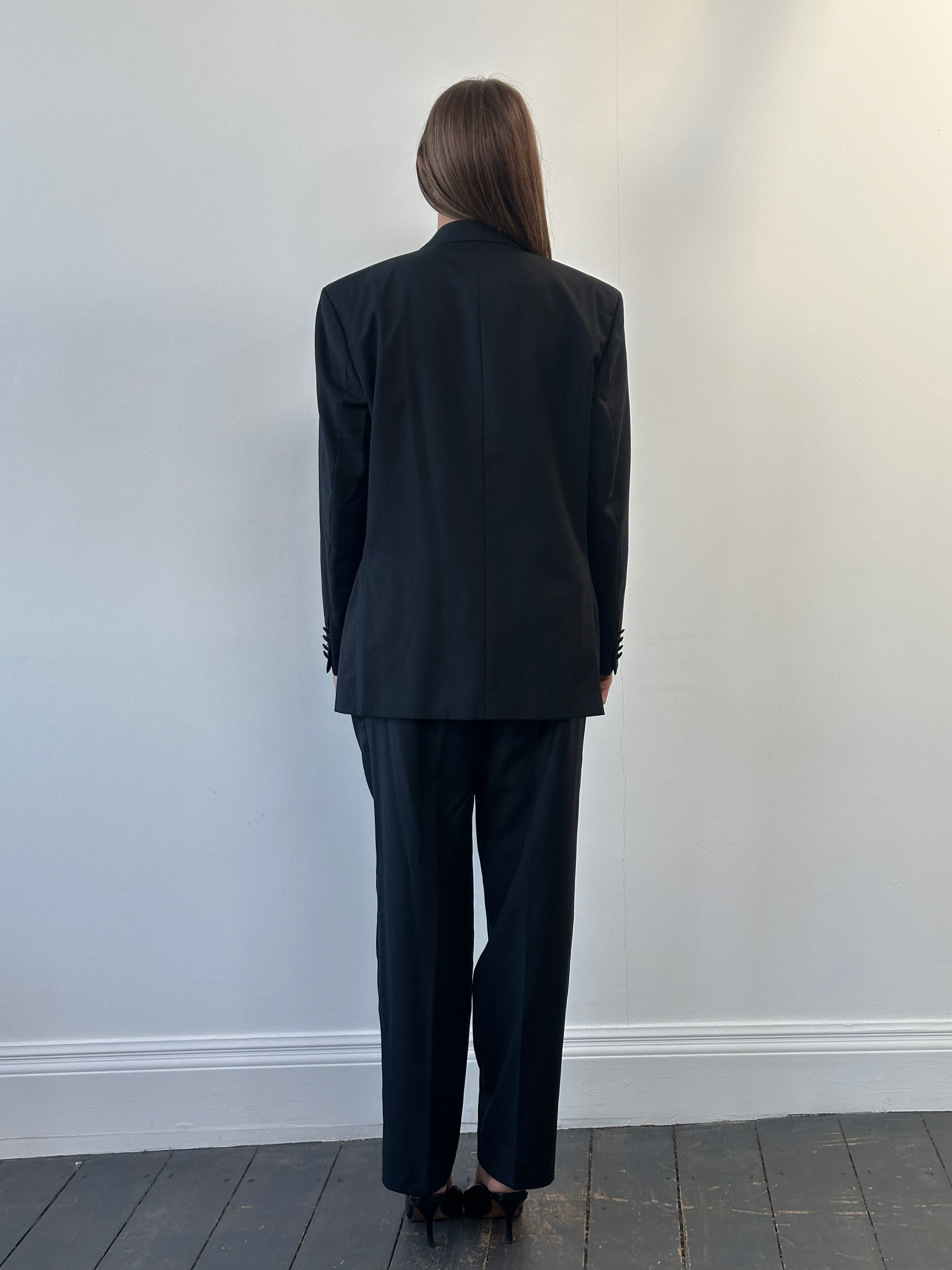 Pierre Cardin 1990s men's tuxedo suit, pure wool, double-breasted, size 42S, classic formal attire with notch lapels and tailored fit.