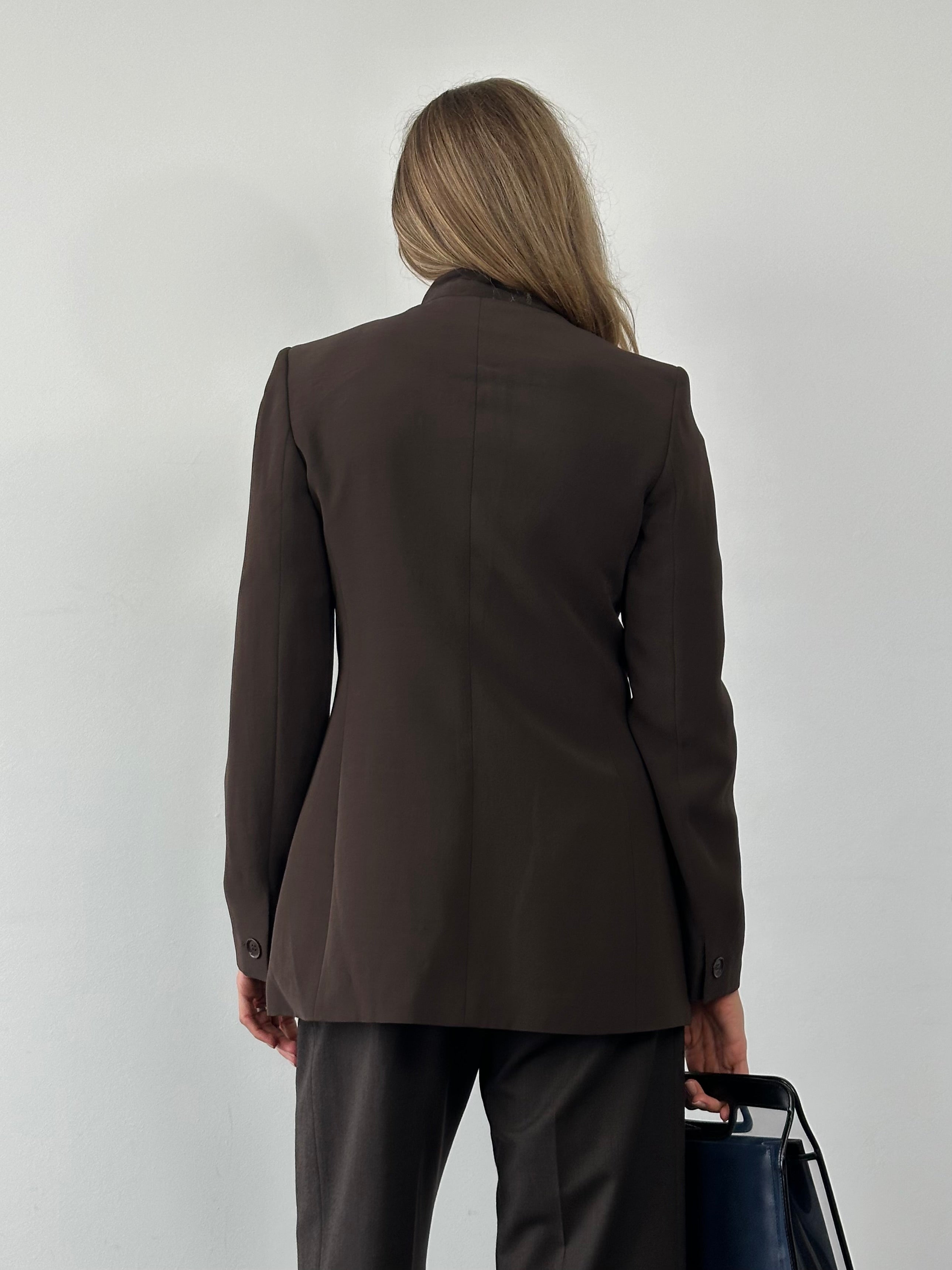 Max Mara 2000s fitted high-neck asymmetric tailored blazer in dark fabric, tailored fit, and stylish design.