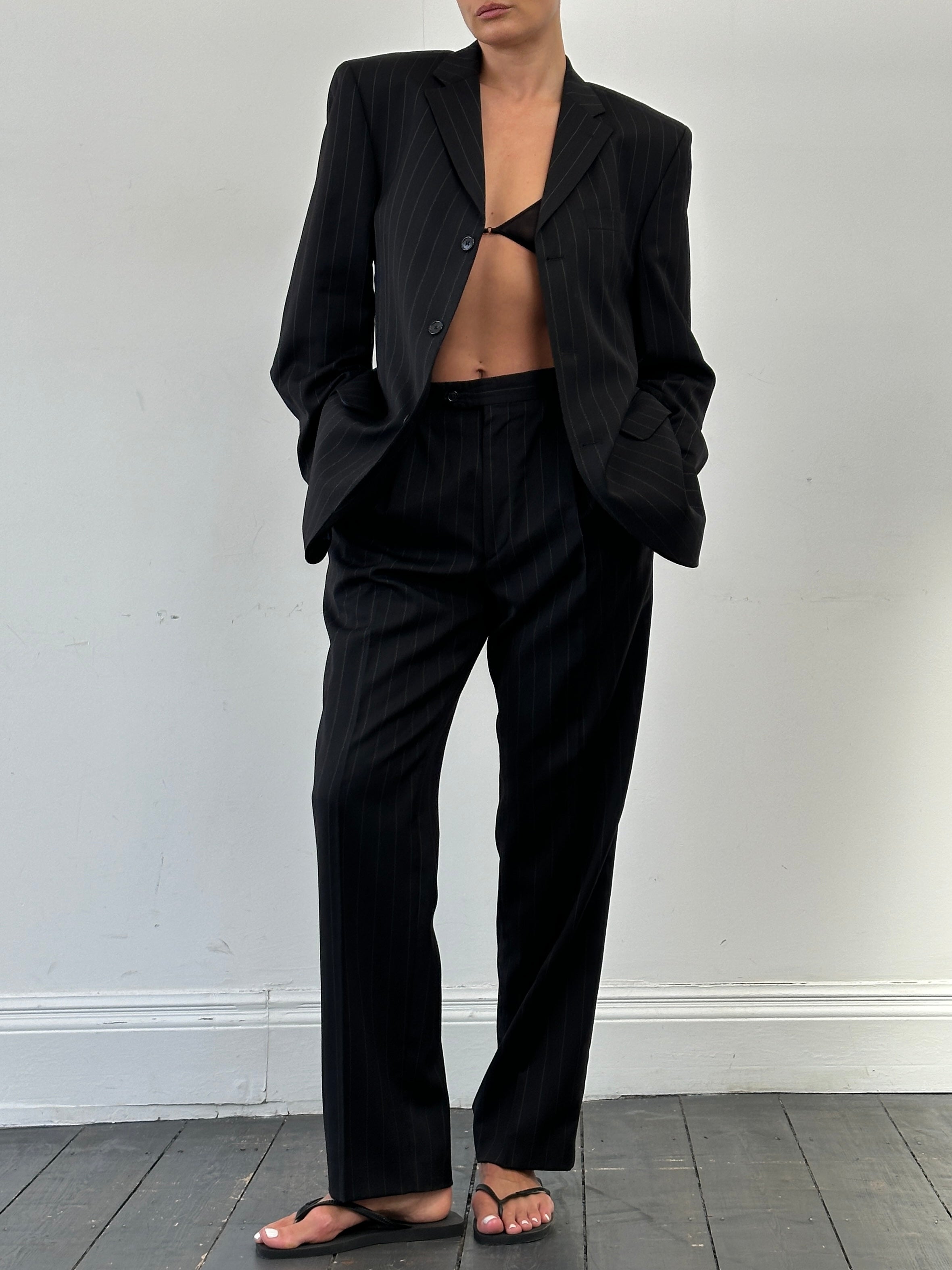 Vintage pure wool pinstripe jumpsuit in a single-breasted suit style, size 40R/W34, featuring a classic tailored fit.