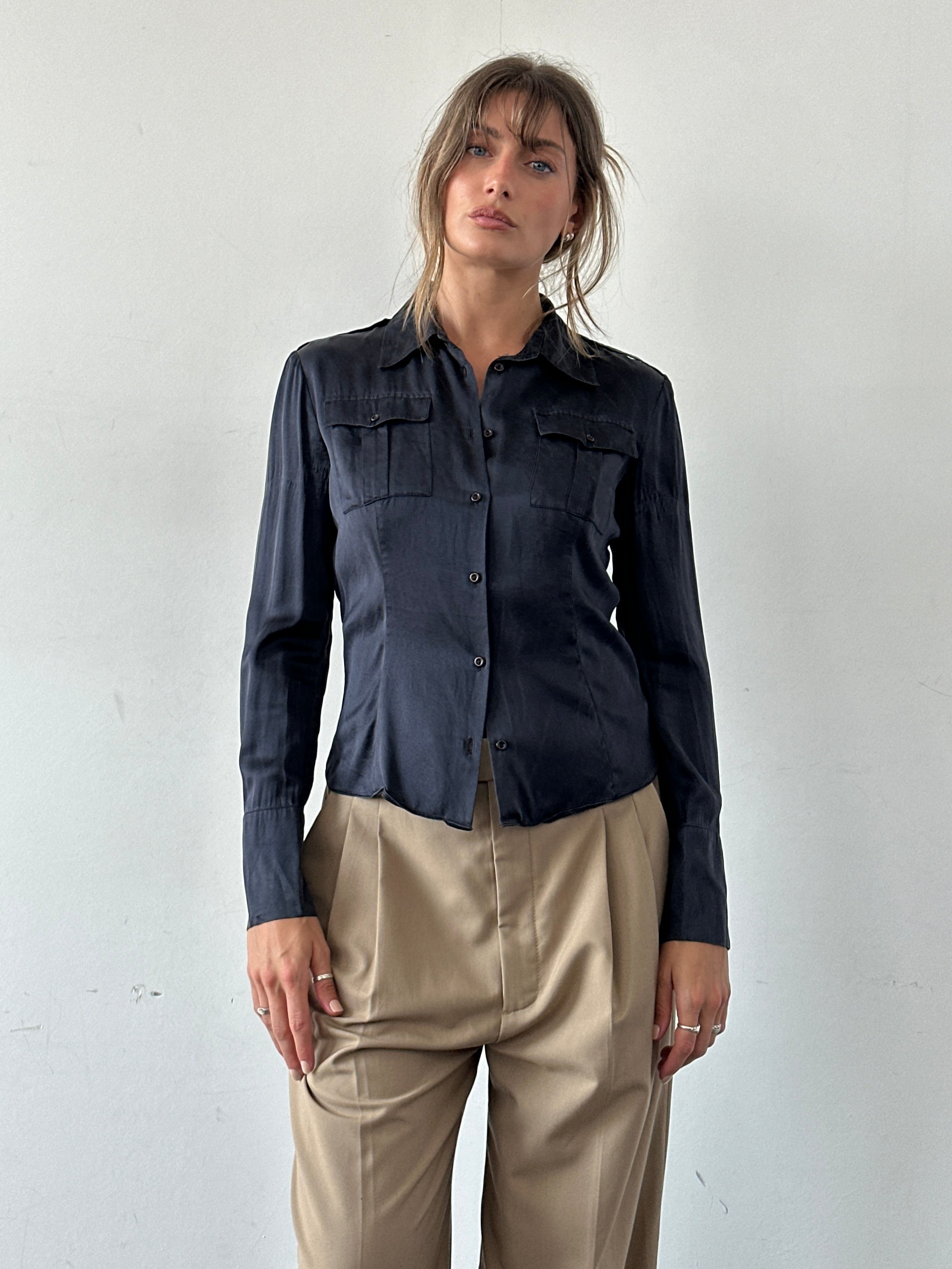 Vintage Italian vintage pure silk fitted shirt in size small, featuring elegant design and smooth silk fabric.