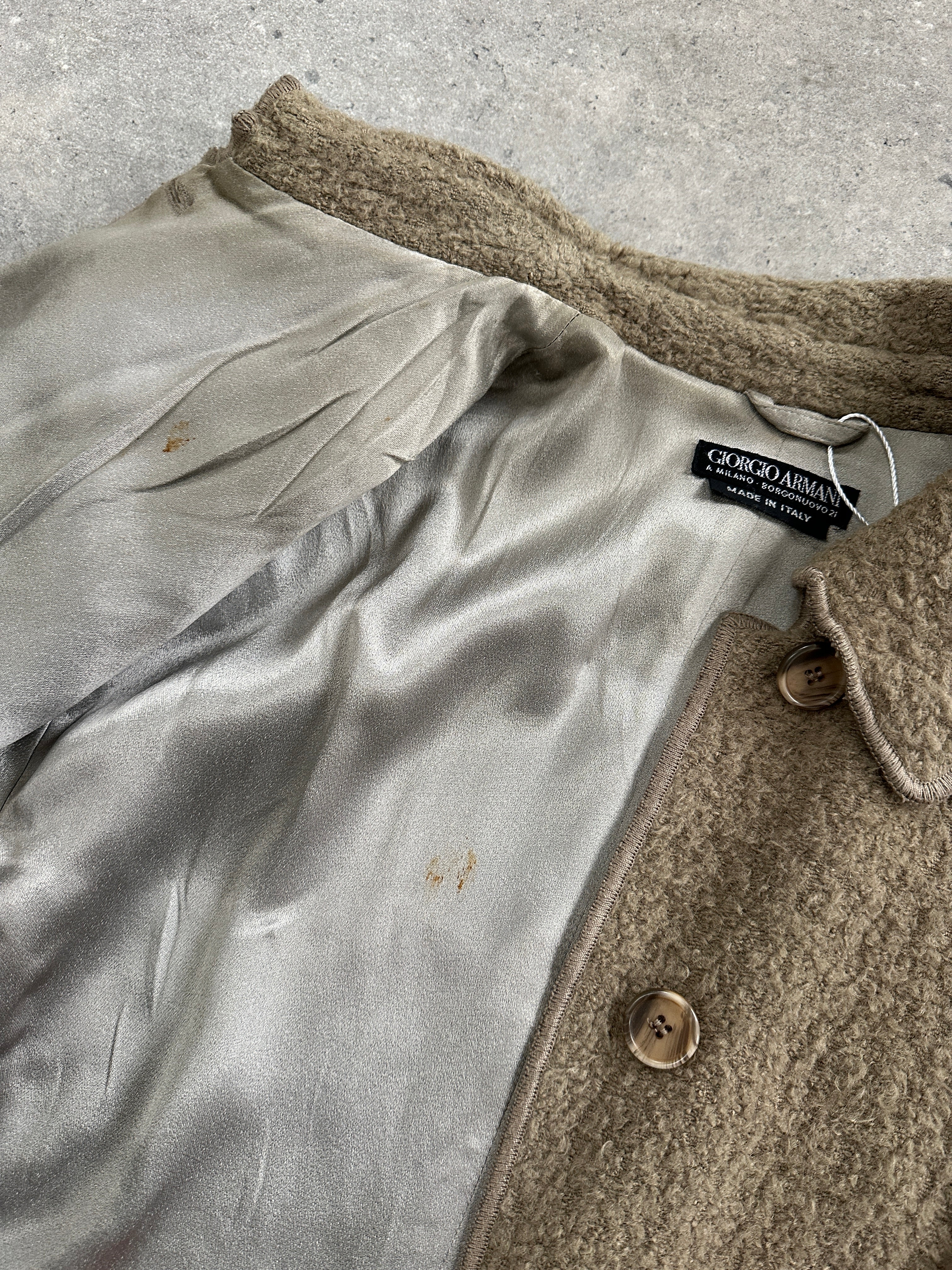 Giorgio Armani men's 1990s wool single-breasted coat in size M, featuring classic tailored design and neutral color.