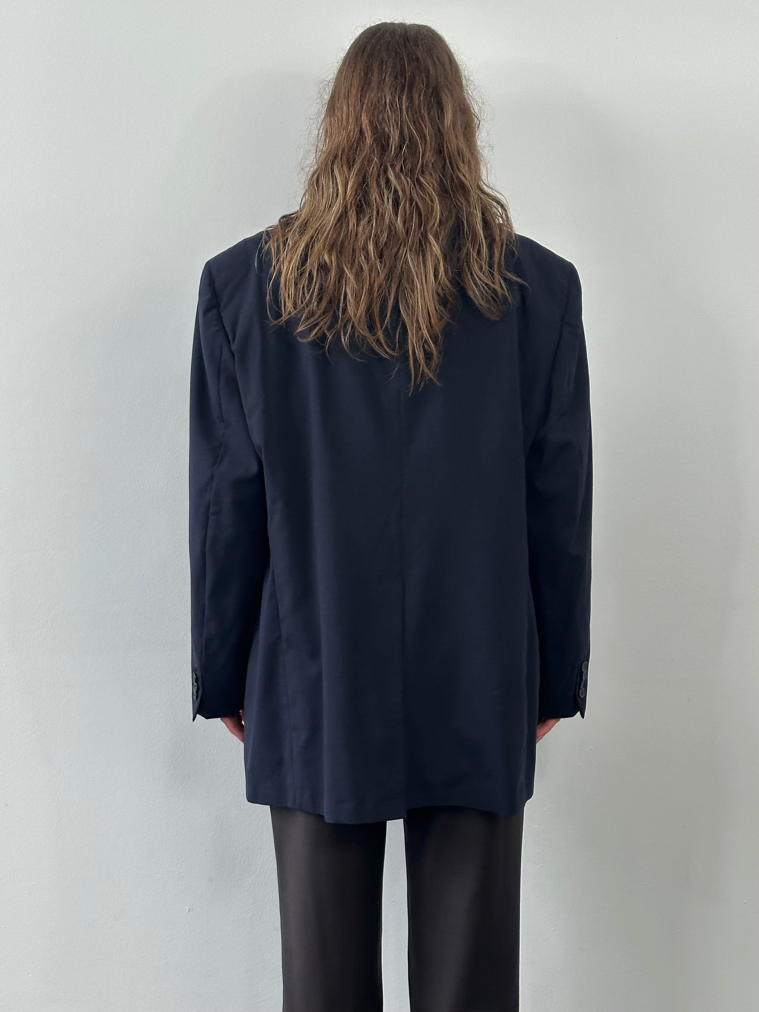 Christian Dior Monsieur 1980s pure wool single-breasted blazer in size 48L/XXL, showcasing classic tailored design and navy color.