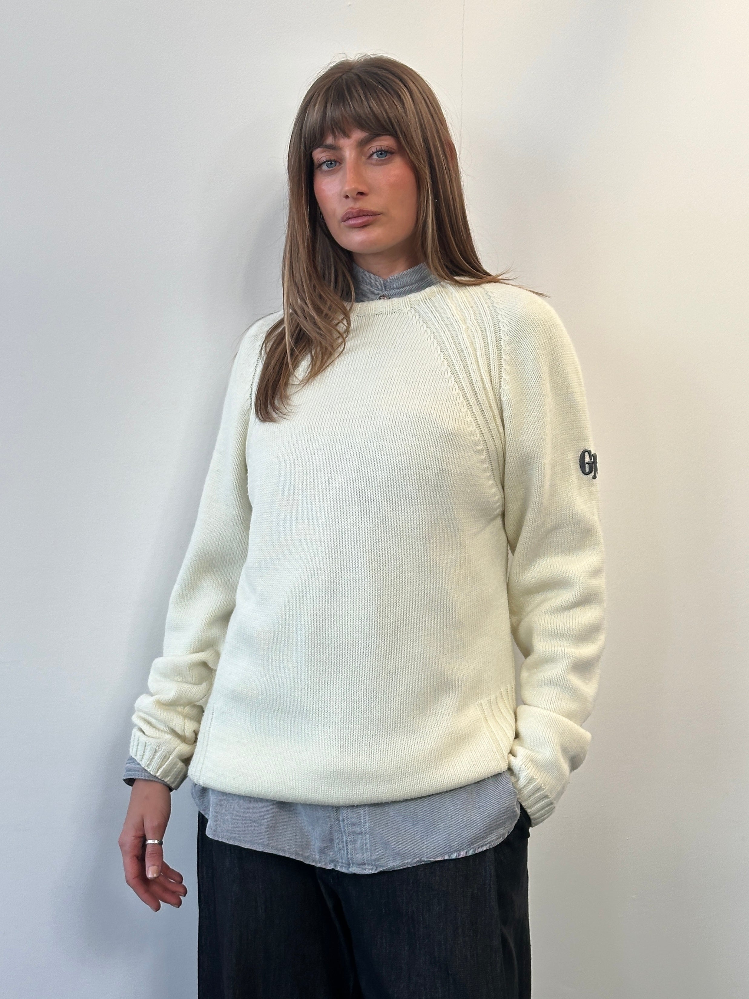 Gianfranco Ferre 2000s pure cotton knitted jumper in size L/XL, cream color, featuring a classic crew neck and textured knit pattern.