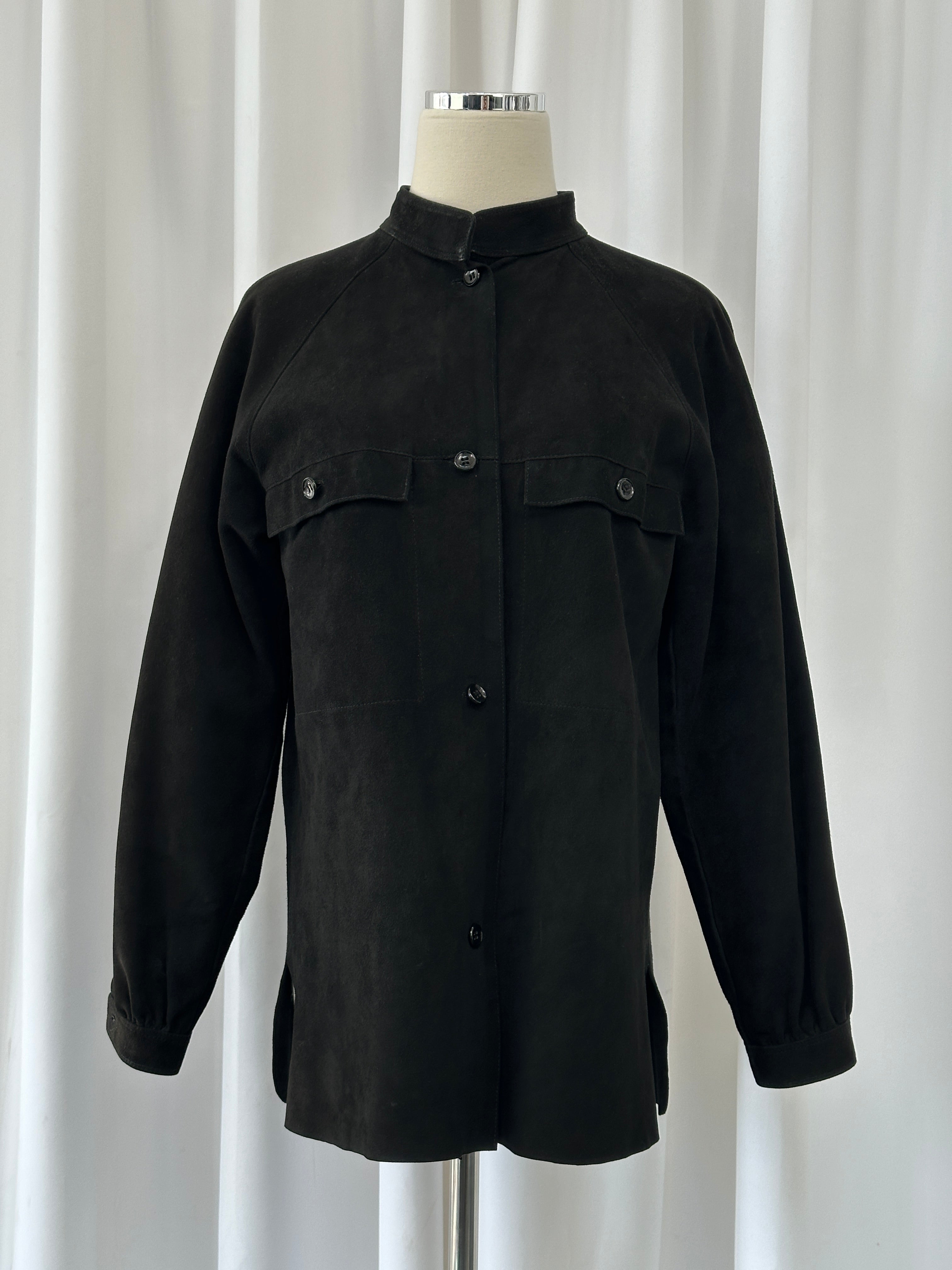 Gianni Versace x Beged-Or 1970s suede shirt in tan, featuring classic collar and button front, men's size small.
