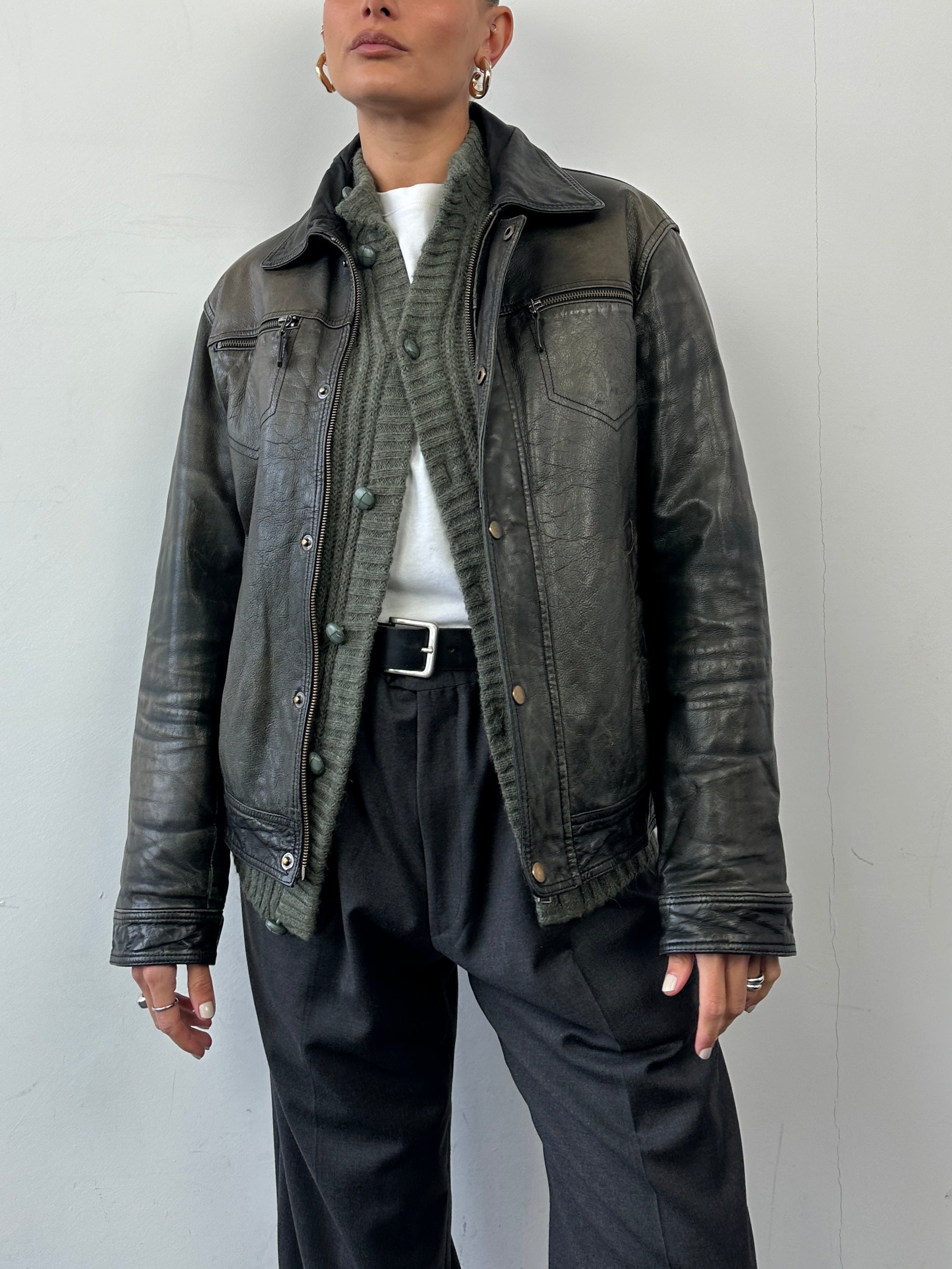 Conbipel distressed leather jacket in size M showcasing a rugged, stylish design with distressed leather details.