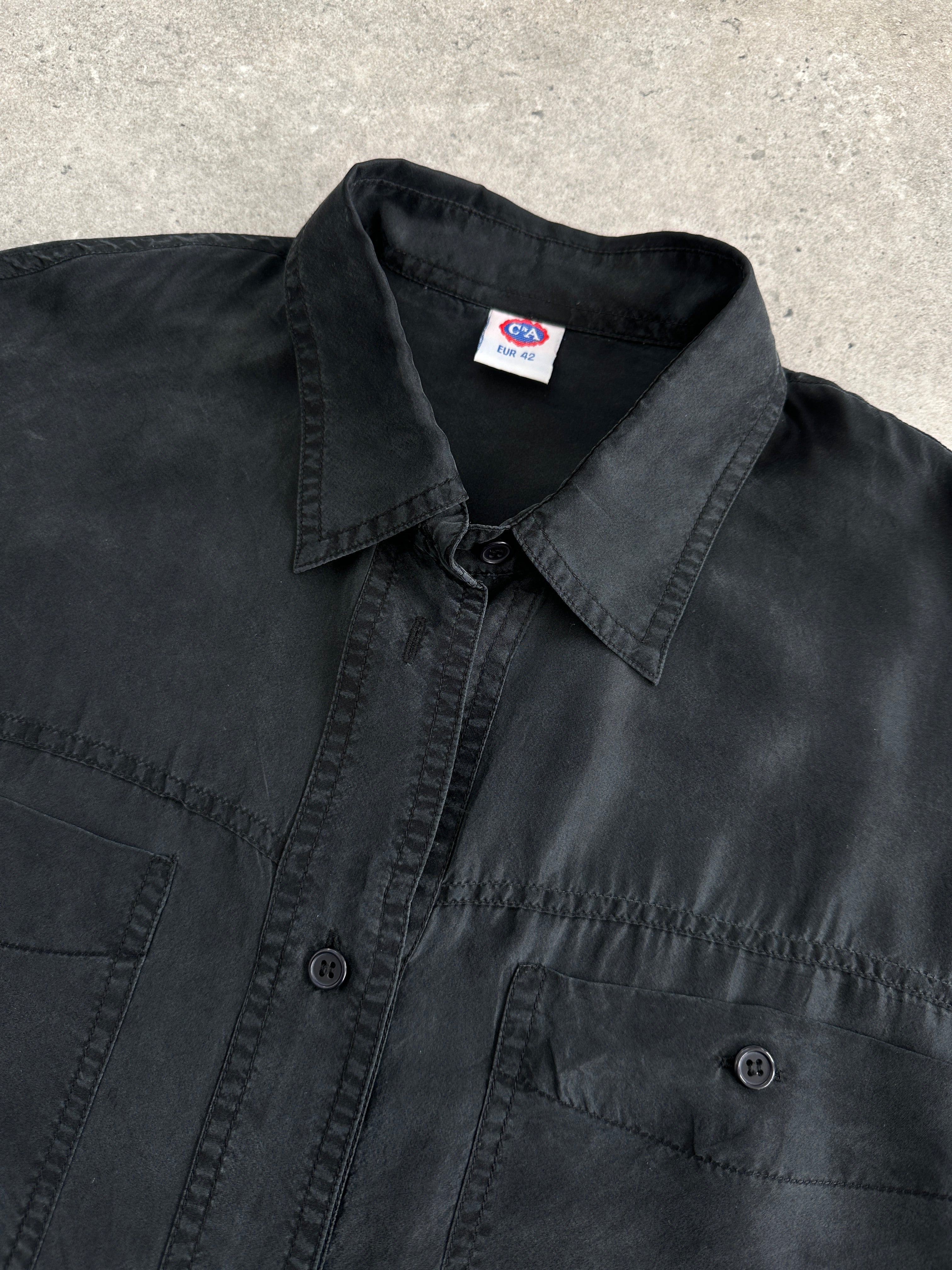 Vintage pure silk shirt in size L/XL, featuring a classic design with smooth fabric and elegant collar.