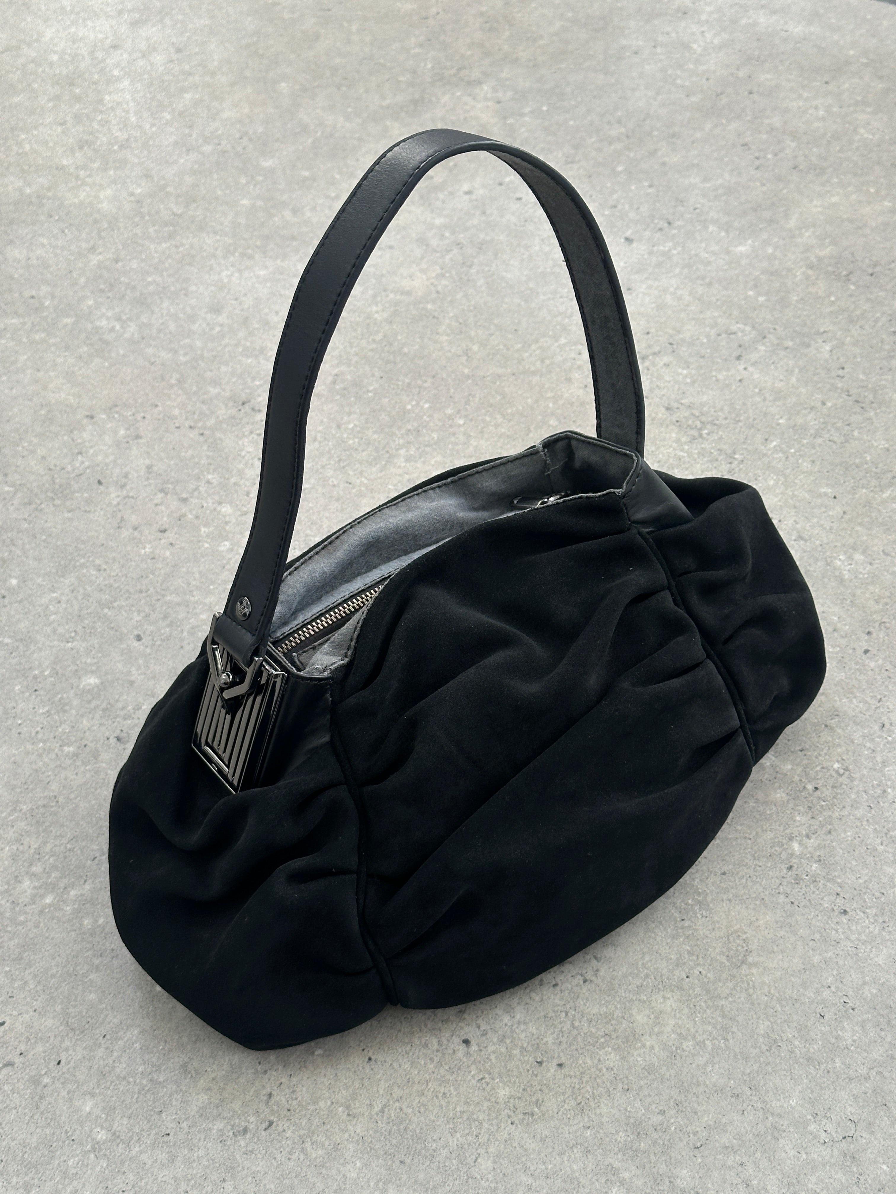 Armani Jeans suede ruched shoulder bag with gathered design and shoulder strap, stylish accessory for everyday wear.