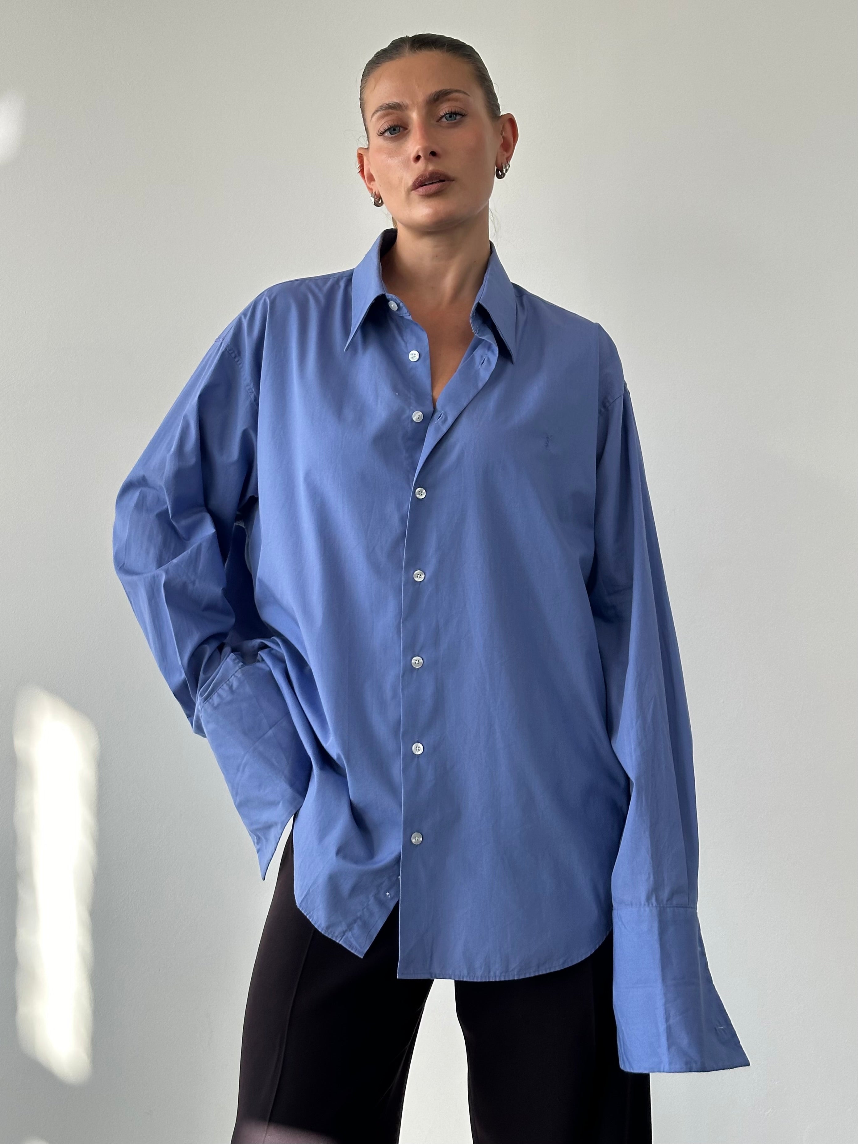 Yves Saint Laurent Pour Homme cotton logo dress shirt in XXL, white with subtle branding and classic collar, displayed on a hanger.