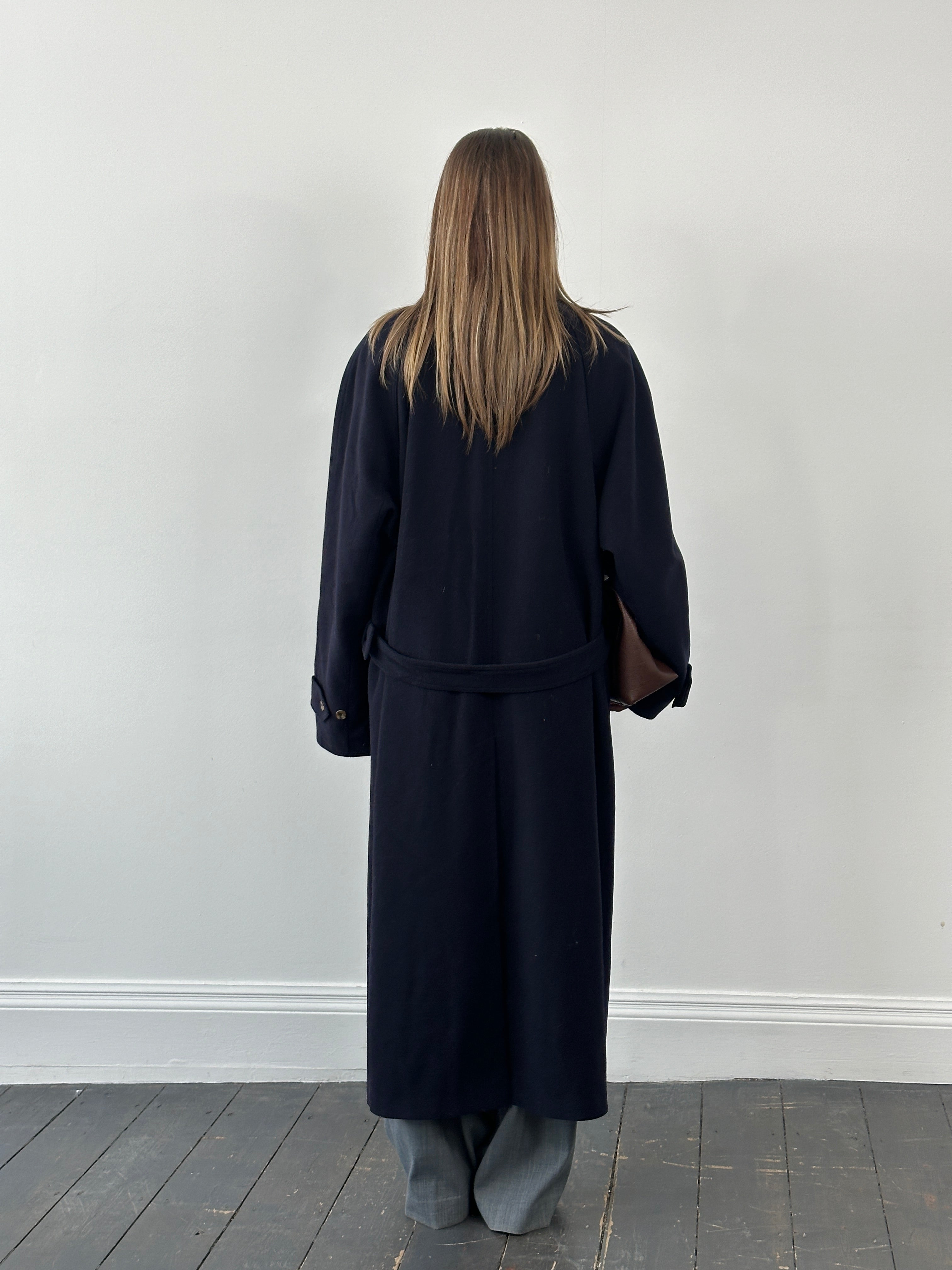 Vintage 1990s pure wool high neck belted coat in XXL, showcasing a classic vintage style with a high collar and belt detail.