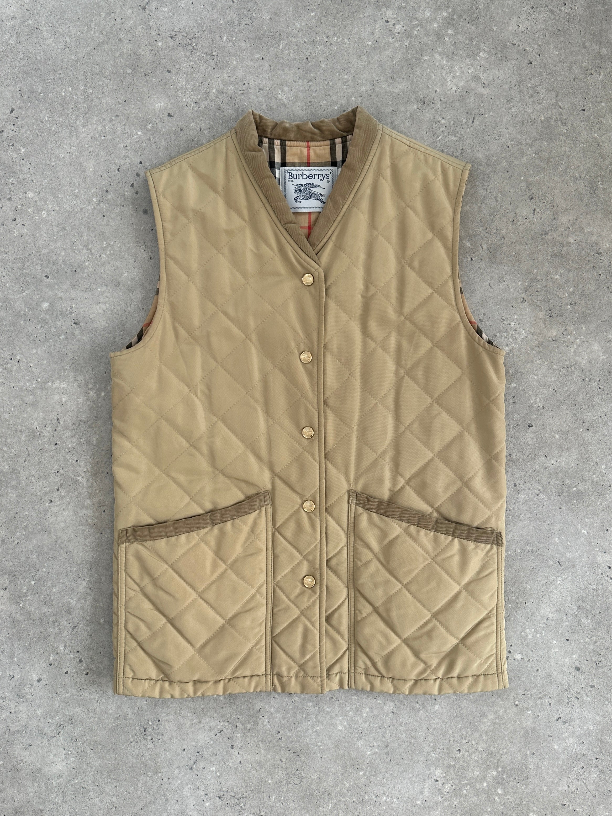Burberry 1990s nylon bespoke button Nova Check gilet in beige and black, size M, with front button closure and brand label.