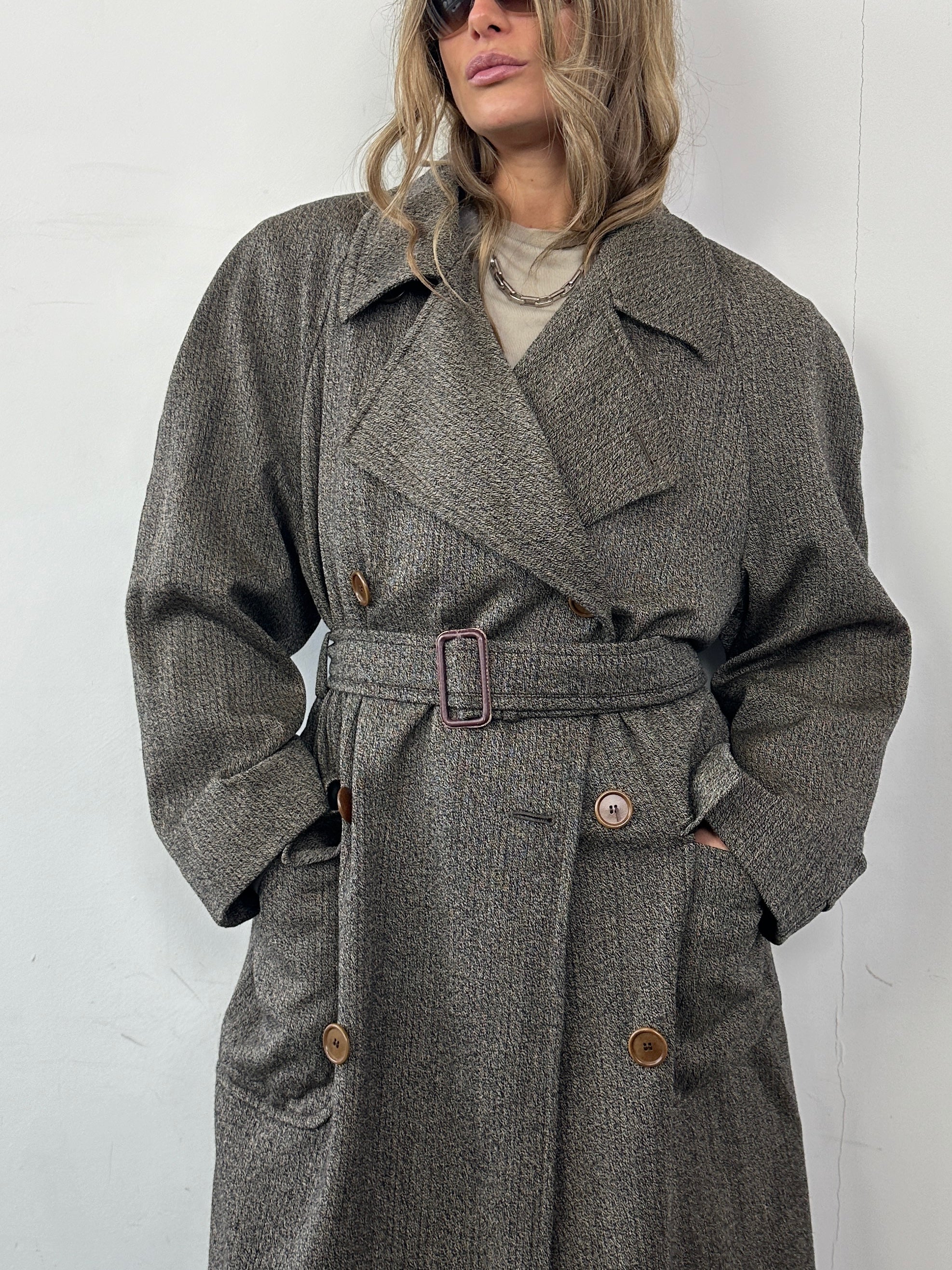 Gianfranco Ferre wool cashmere double-breasted belted trench coat in XL, showcasing its classic design and tailored fit.