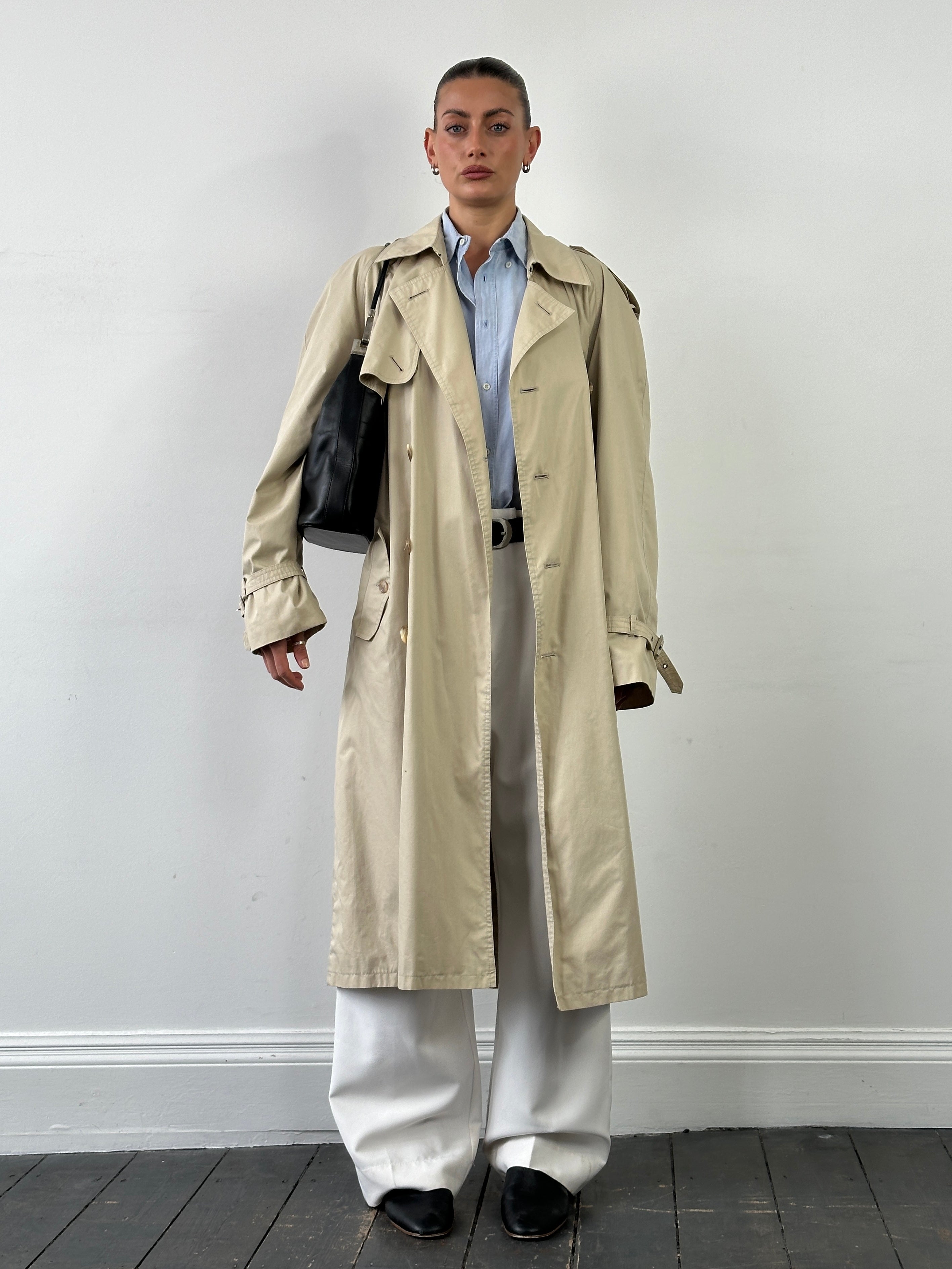 Yves Saint Laurent 80s Cotton Double Breasted Belted Coat - XXL - SYLK