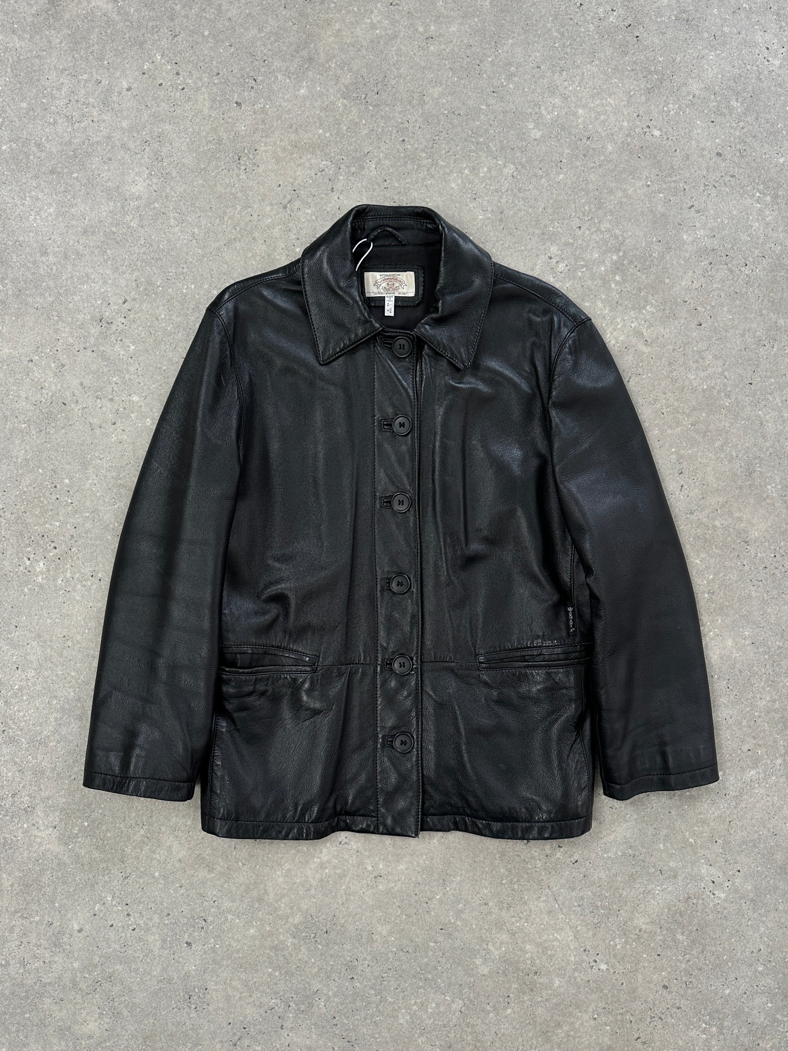 Armani Jeans black leather button-up jacket for men, stylish and fitted, shown on a hanger against a neutral background.