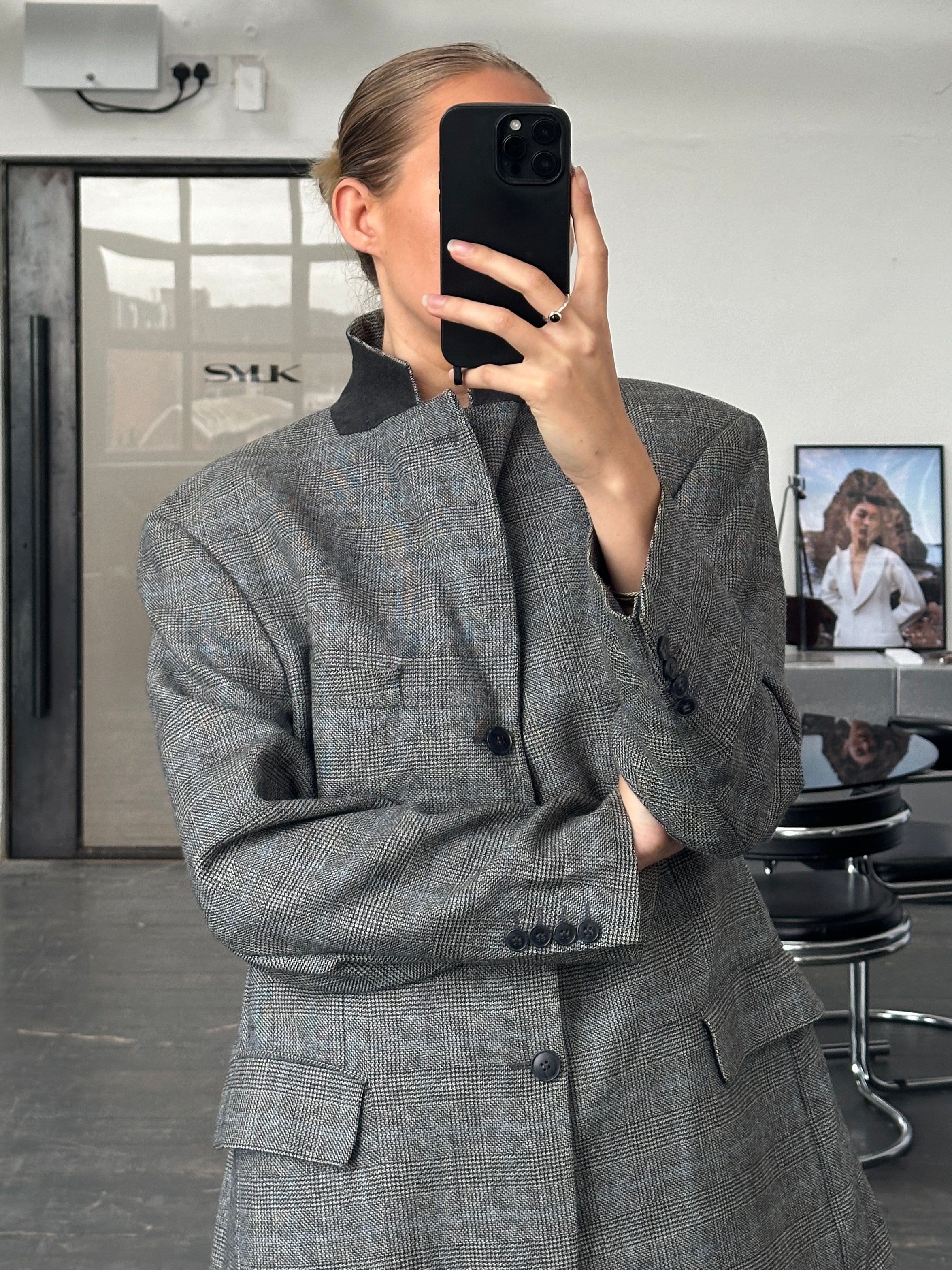 Yves Saint Laurent Pour Homme 1990s pure wool check blazer in size 40R/L, featuring classic tailored fit and bold check pattern.