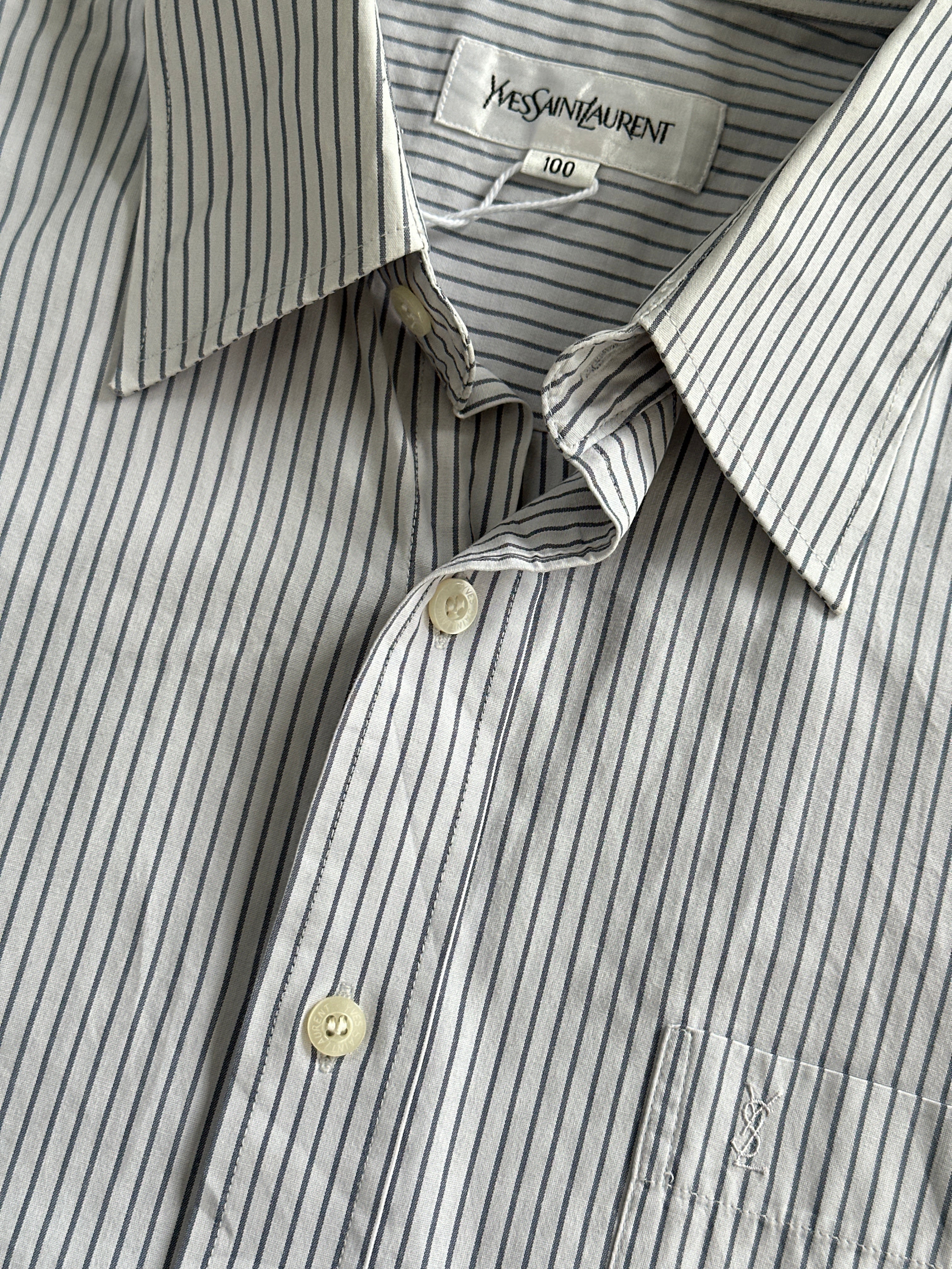 Yves Saint Laurent stripe cotton logo shirt in size M, featuring a classic design with prominent YSL branding and a comfortable fit.