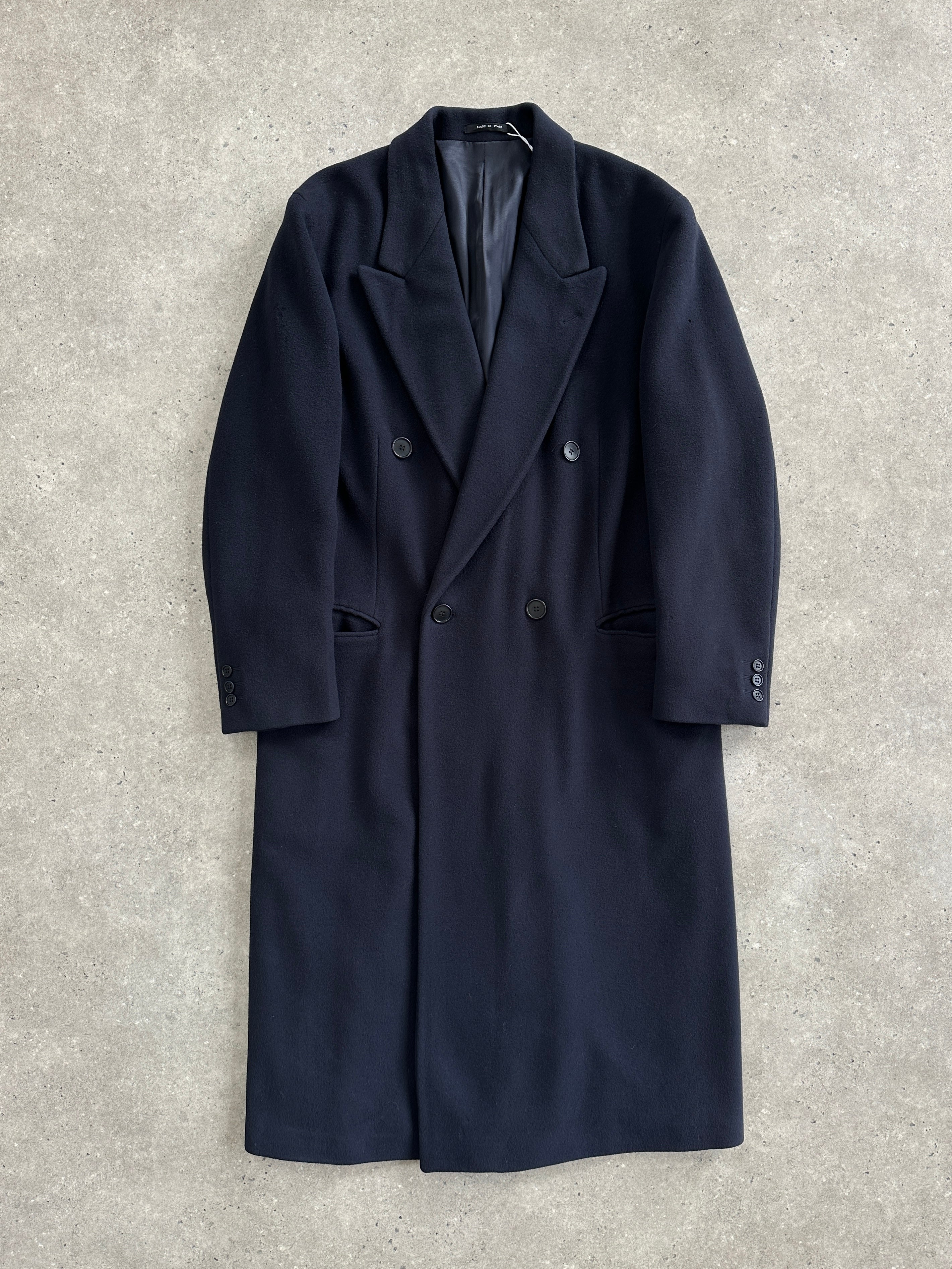 Emporio Armani 1990s wool and cashmere double-breasted coat in size L/XL, featuring classic tailored design and beige color.