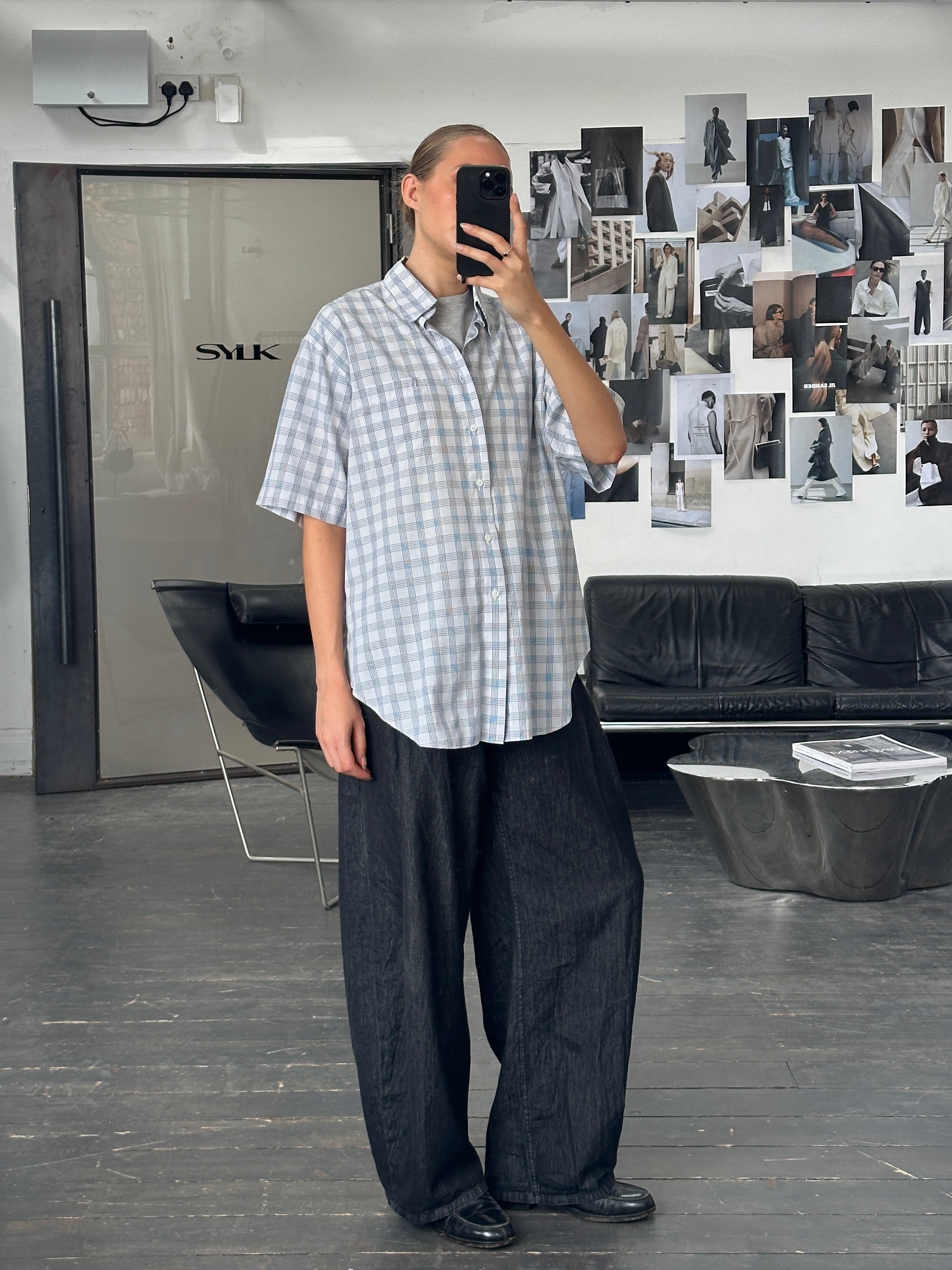 Yves Saint Laurent Pour Homme 2000s cotton check short sleeve logo shirt in XL, featuring a classic check pattern and brand logo details.