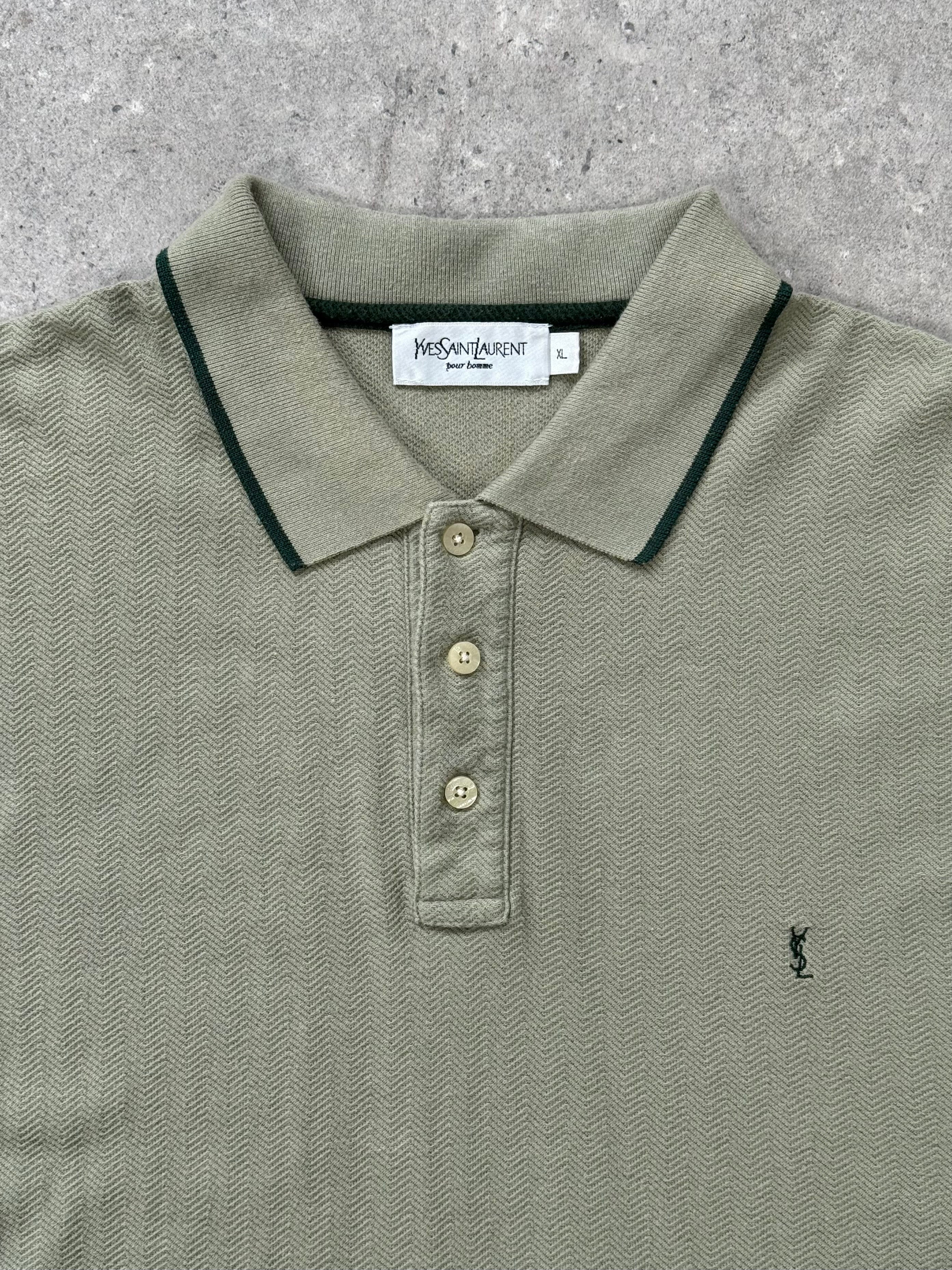 Yves Saint Laurent 1990s pure cotton logo polo shirt in XL, showcasing classic collar, embroidered logo, and button front.