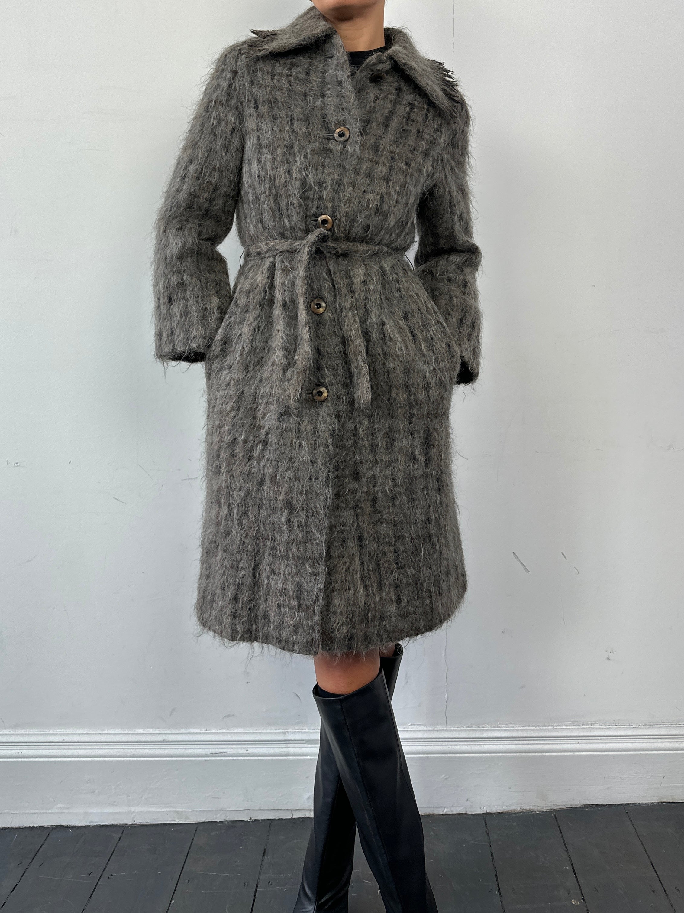 Jaeger wool fuzzy check belted coat in beige, single-breasted with a waist belt and cozy texture, size small.