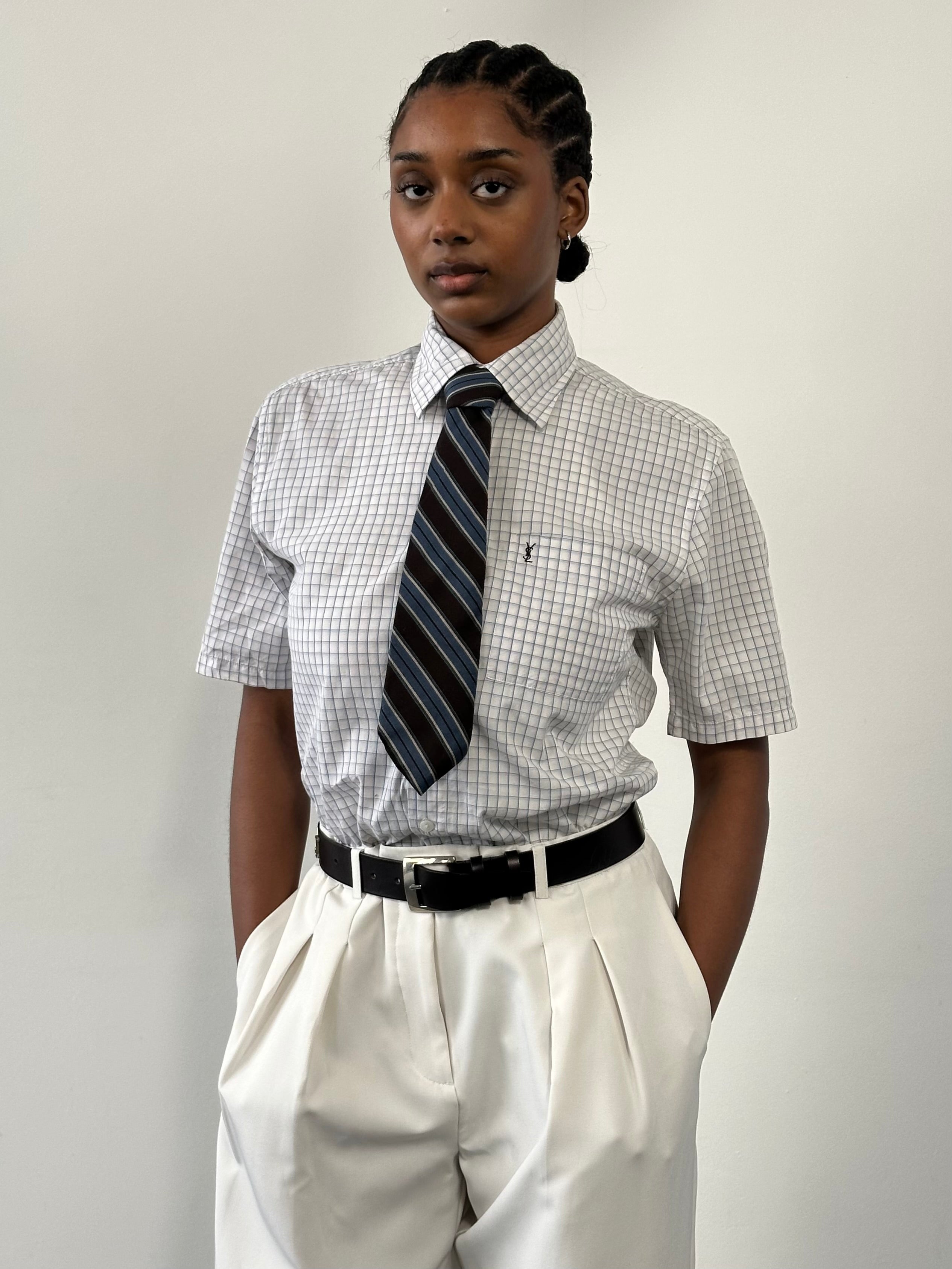 Yves Saint Laurent Pour Homme 1990s pure cotton check short sleeve shirt in white and navy, size small, laid flat.