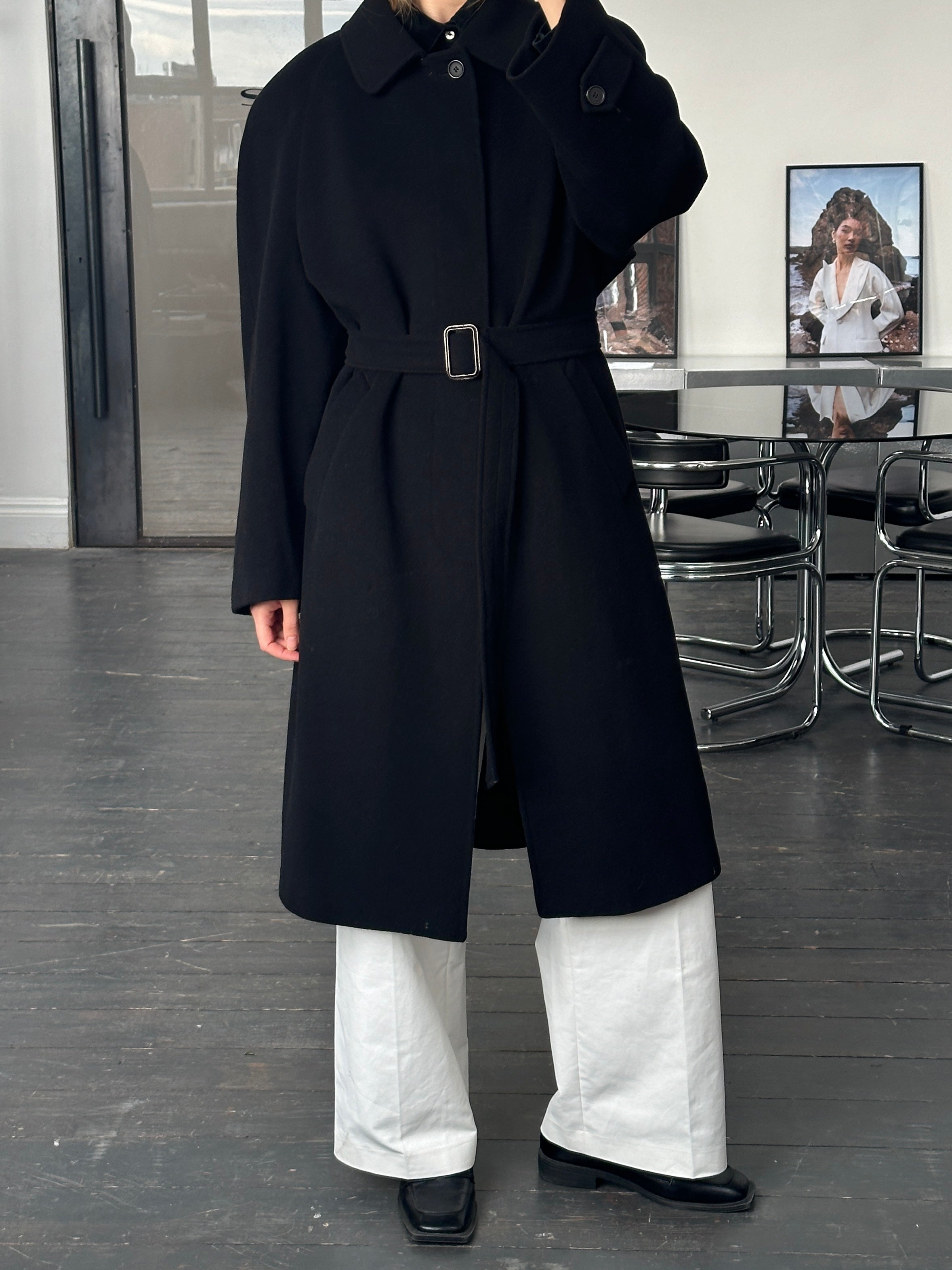 Vintage Italian 1990s wool and cashmere belted coat, XL size, shown hanging with classic design and textured fabric.