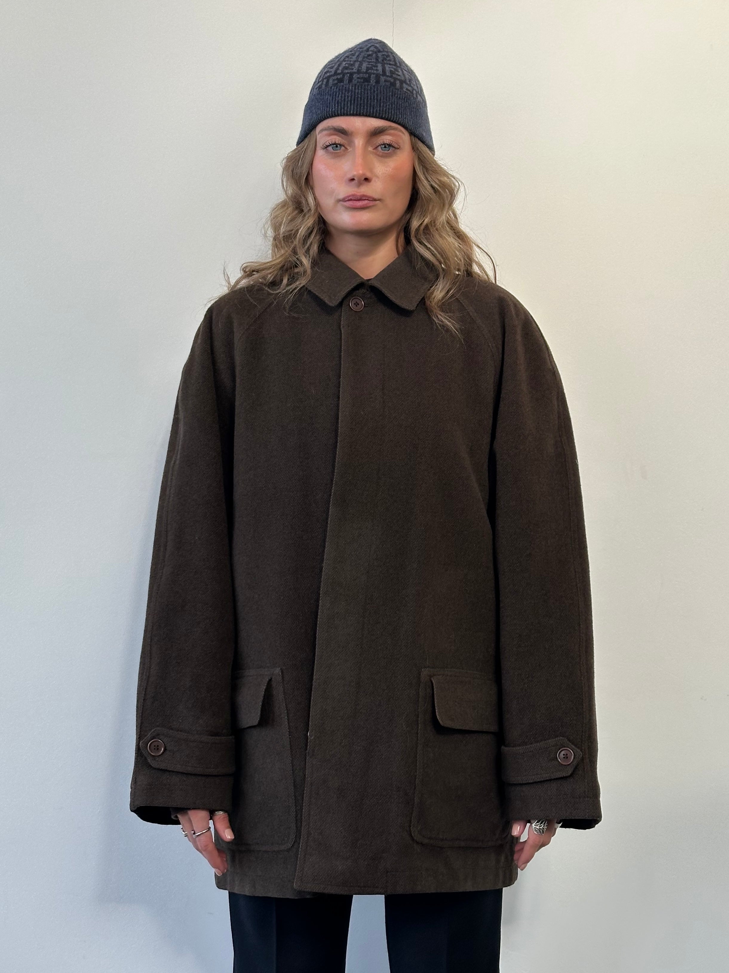 Valentino 80s-90s wool coat with concealed placket, size XL, classic tailored design in dark fabric, front view