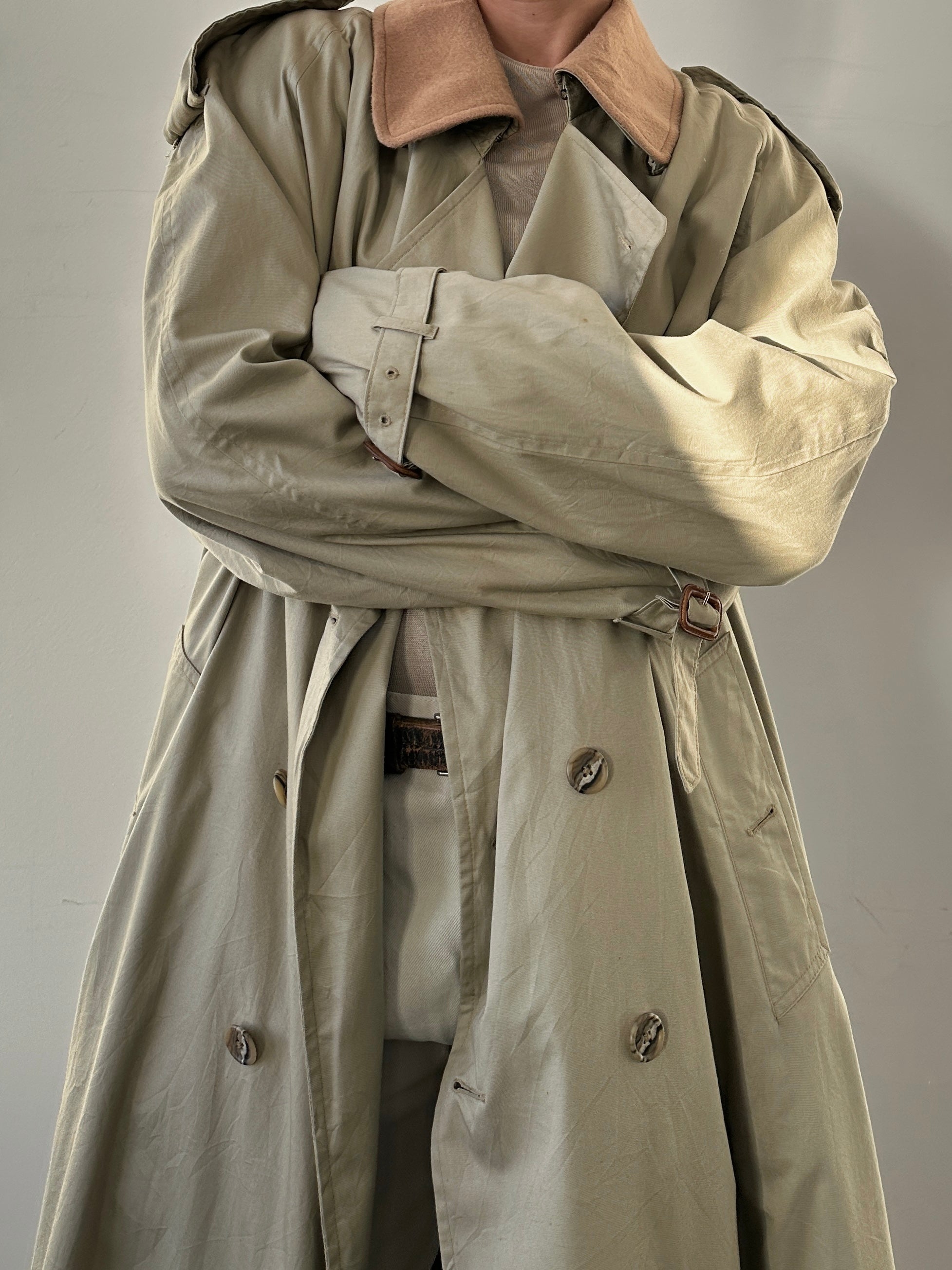 Christian Dior double-breasted pure cotton floor-length trench coat in XXL, showing front view with classic design and tailored fit.
