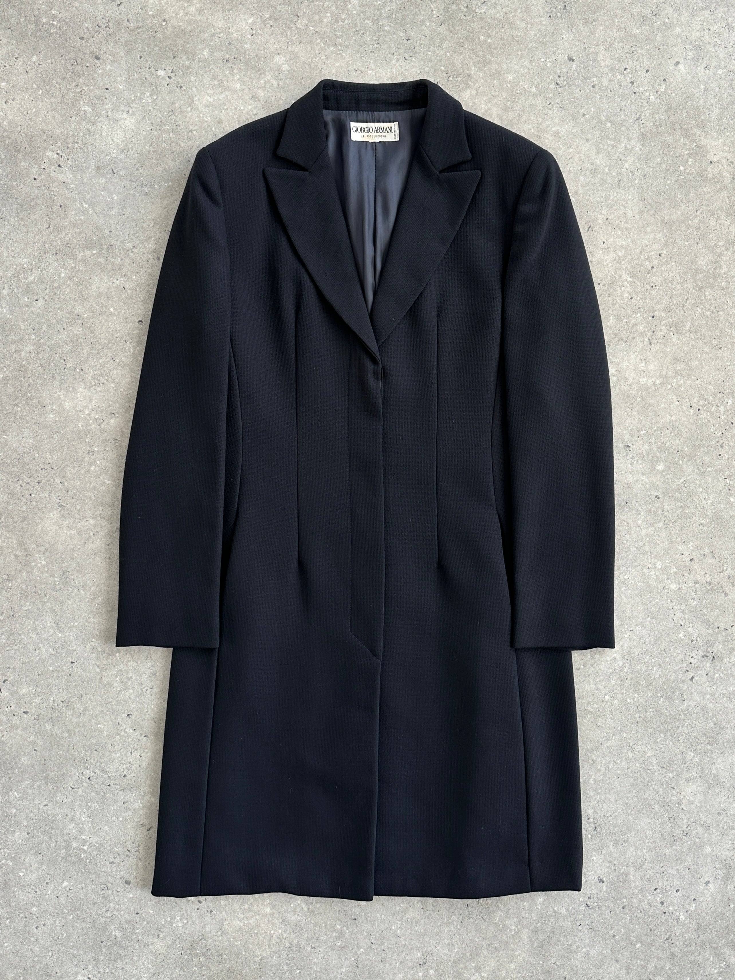 Giorgio Armani Le Collezioni 1990s pure wool single-breasted coat in size S, displayed on a hanger with a neutral background.
