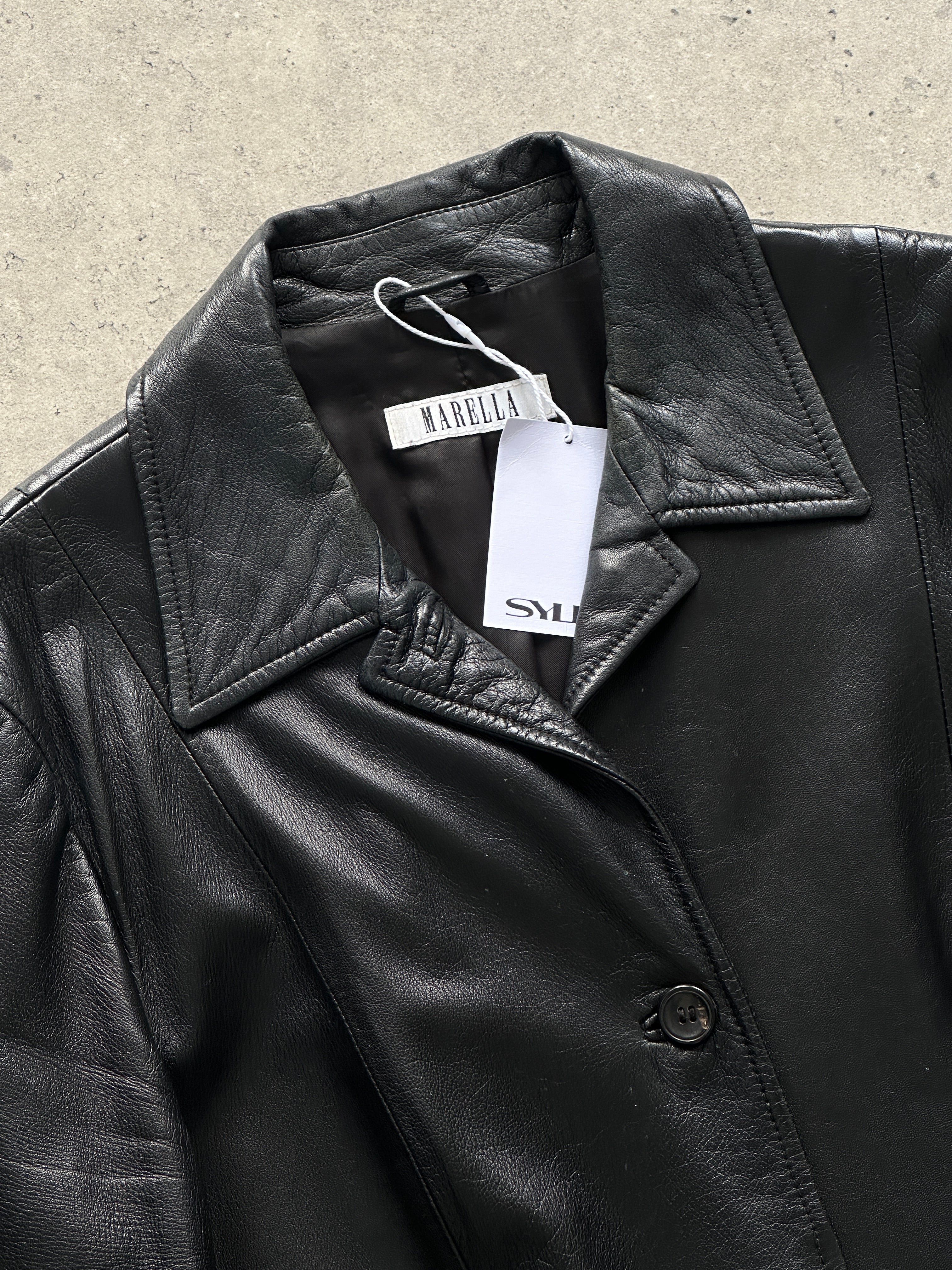 Marella smooth leather jacket in size M, shown in black with a classic collar and zip-up front for a stylish, fitted look.