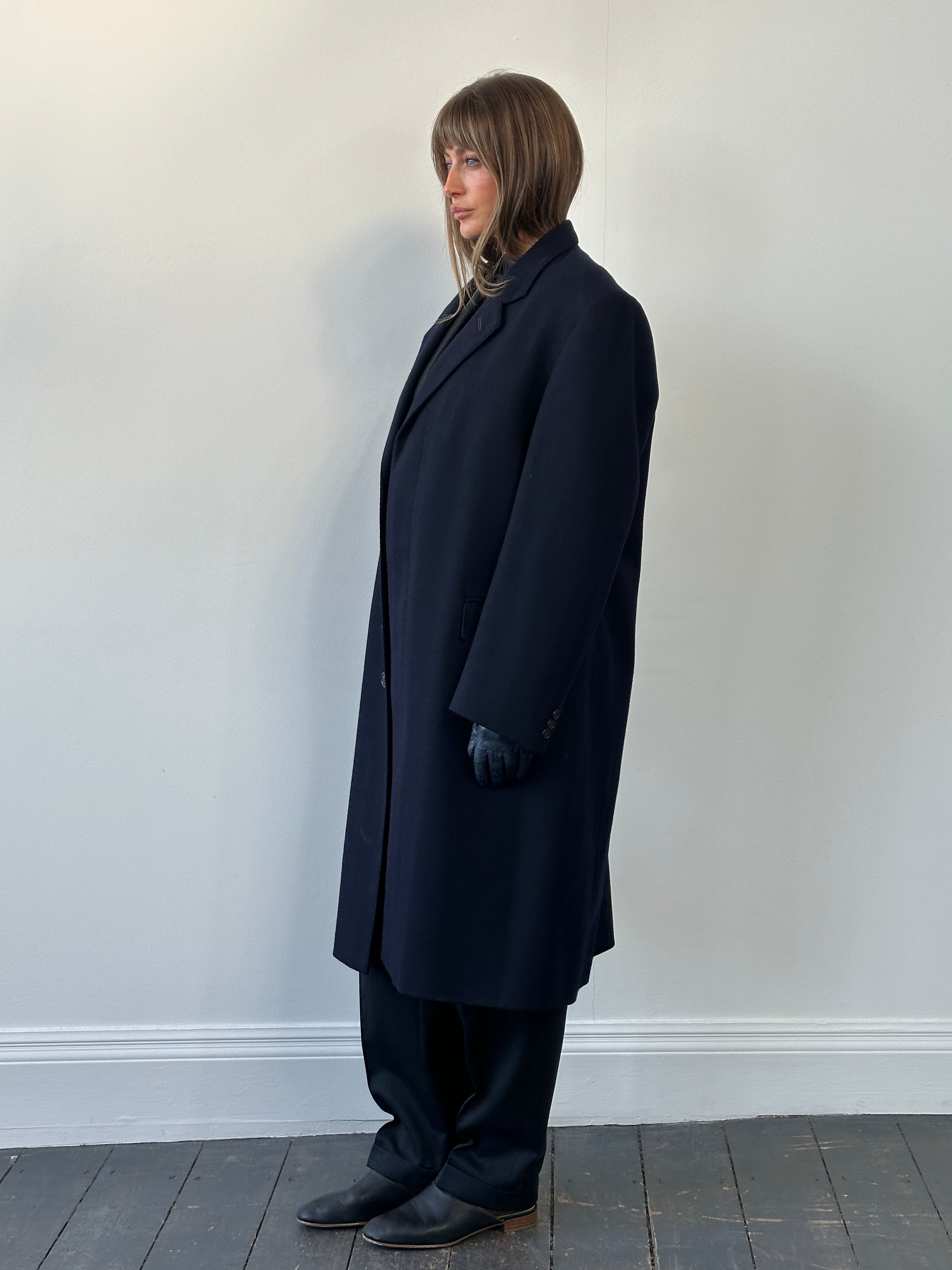 Pierre Cardin 1990s pure wool coat with concealed placket in XL/XXL size, featuring a classic tailored design and neutral color.