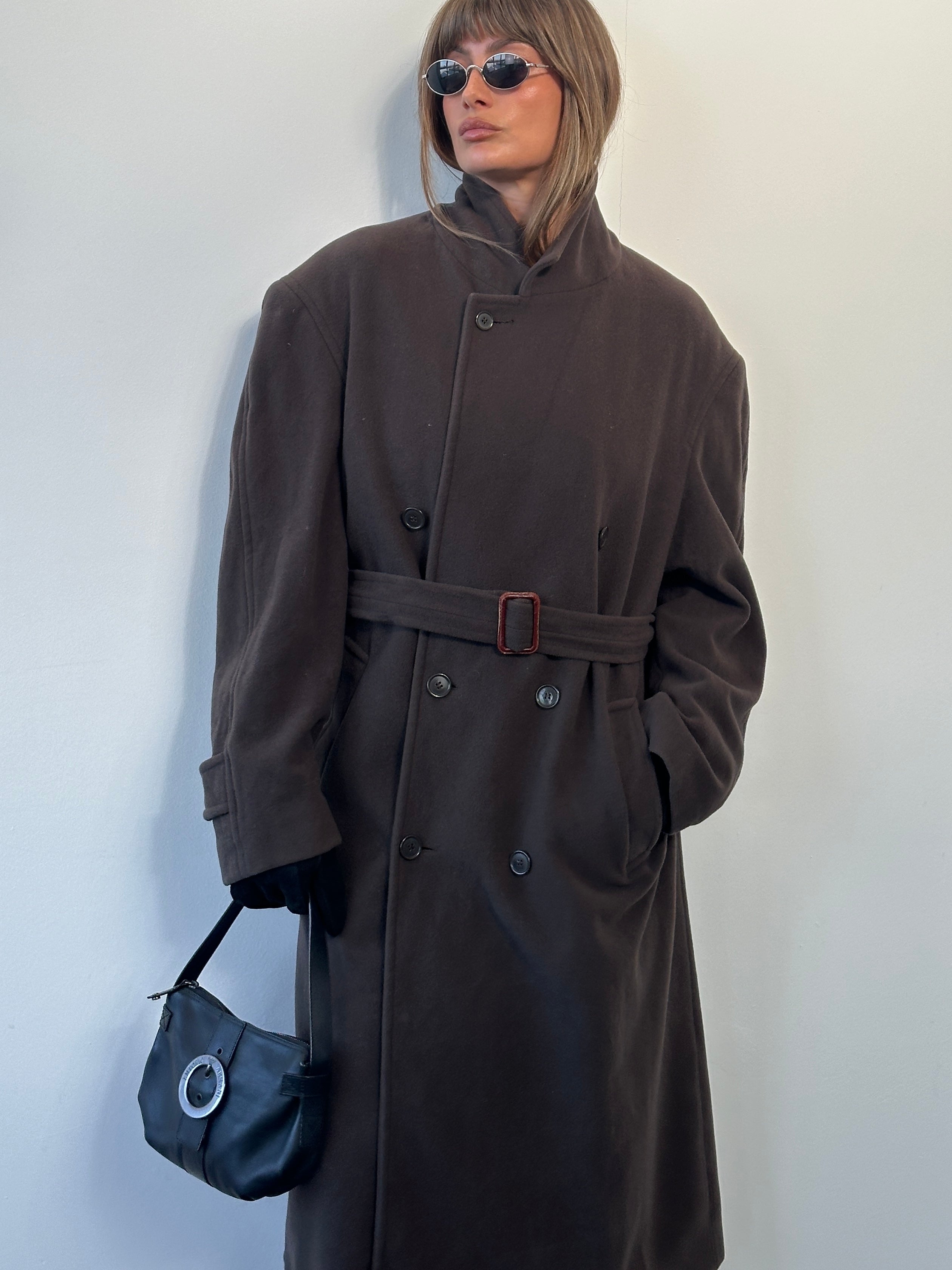 St Michael Italian 1990s wool belt coat in XXL, beige color, tailored with belt, classic vintage style, full front view.