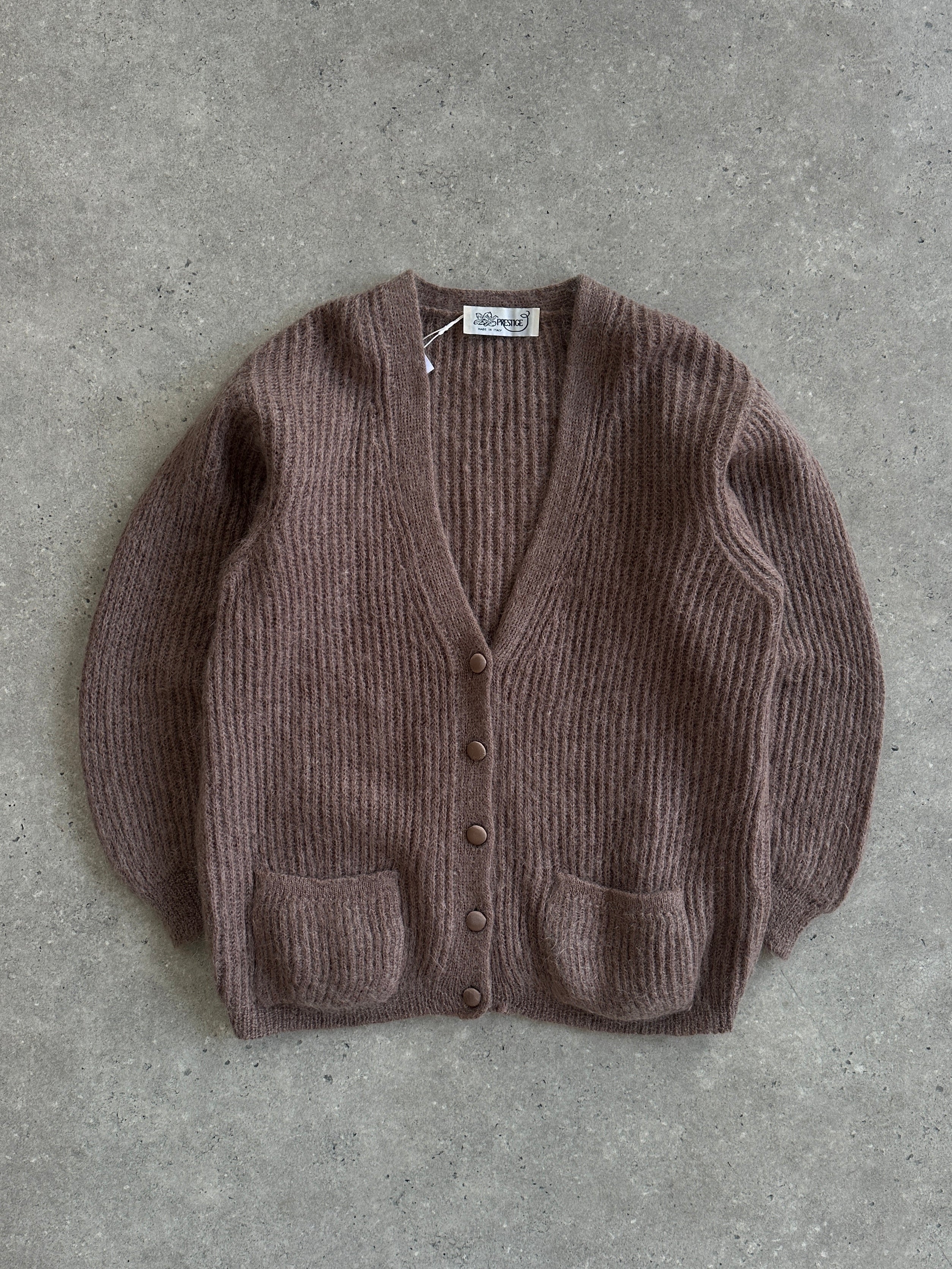 Italian vintage fuzzy mohair cardigan in size L, featuring a cozy, textured knit in a classic, timeless style.