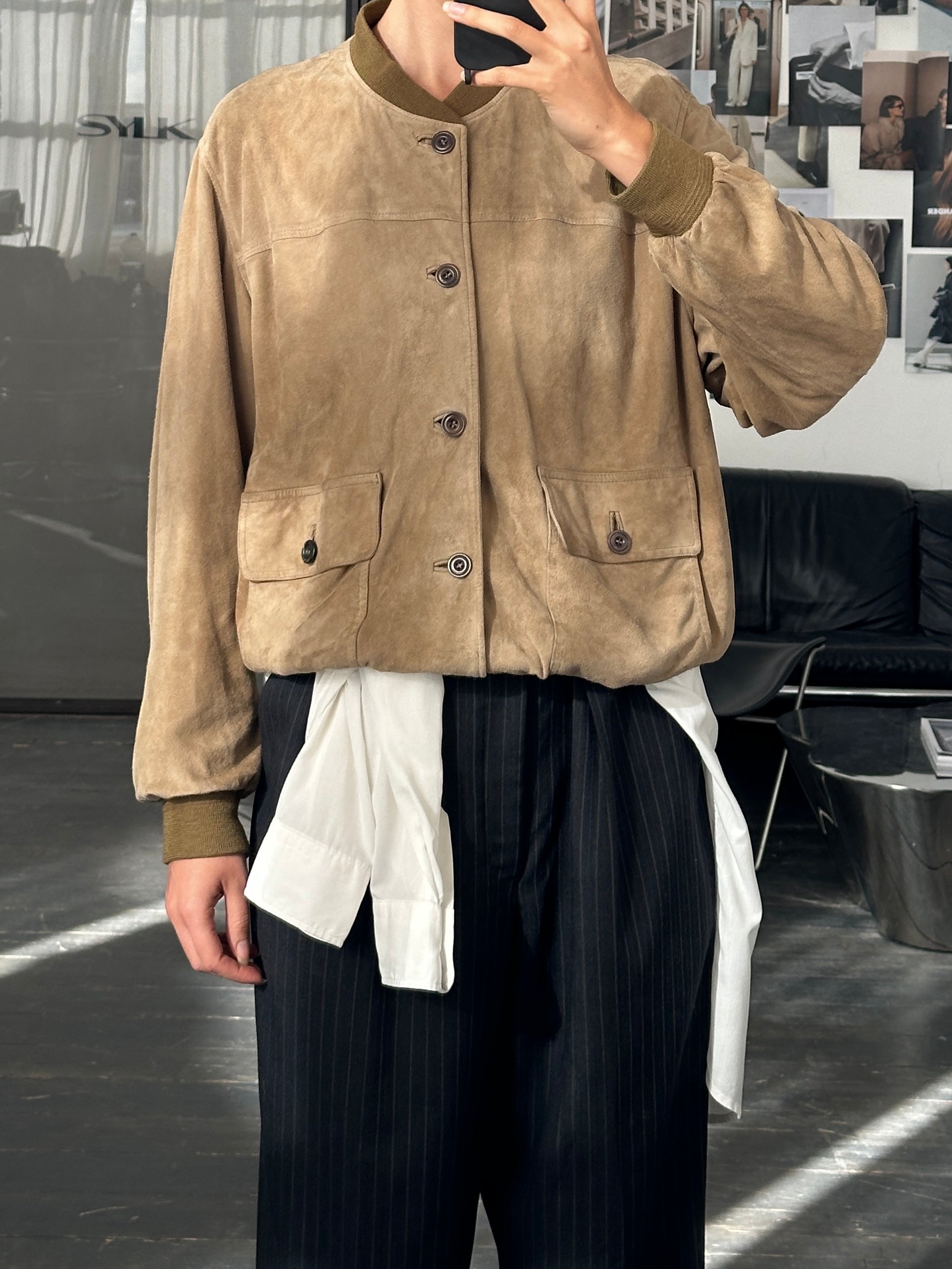 Vintage 1990s suede bomber jacket in size large, stylish leather jacket with classic design and textured suede finish.
